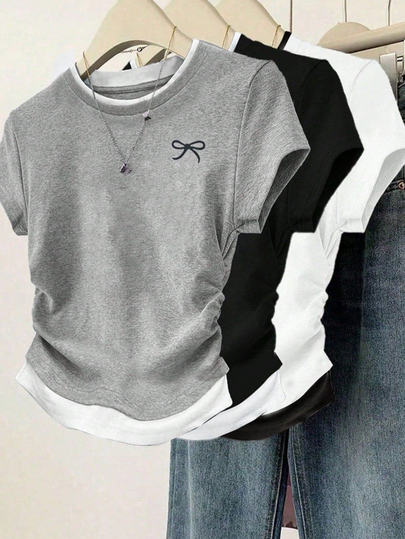3pcs Women Casual Fashion Fitted Butterfly Print Detail Minimalist Solid Color Ruffle Crew Neck Short Sleeve T-Shirt Set Summer