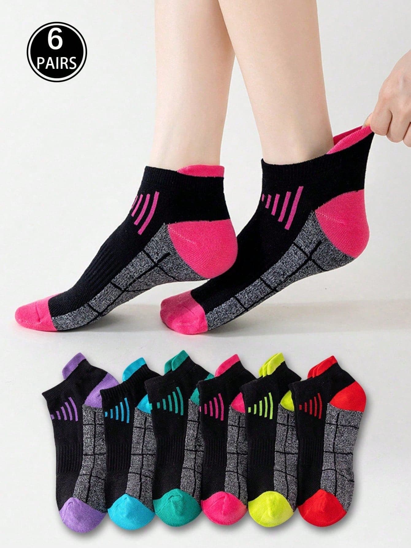 6 Pairs Women's Sports Socks, Including Ankle Socks, Mid-Calf Socks, Crew Socks, And Black Striped Socks, Suitable For Running, Workout And Cycling.