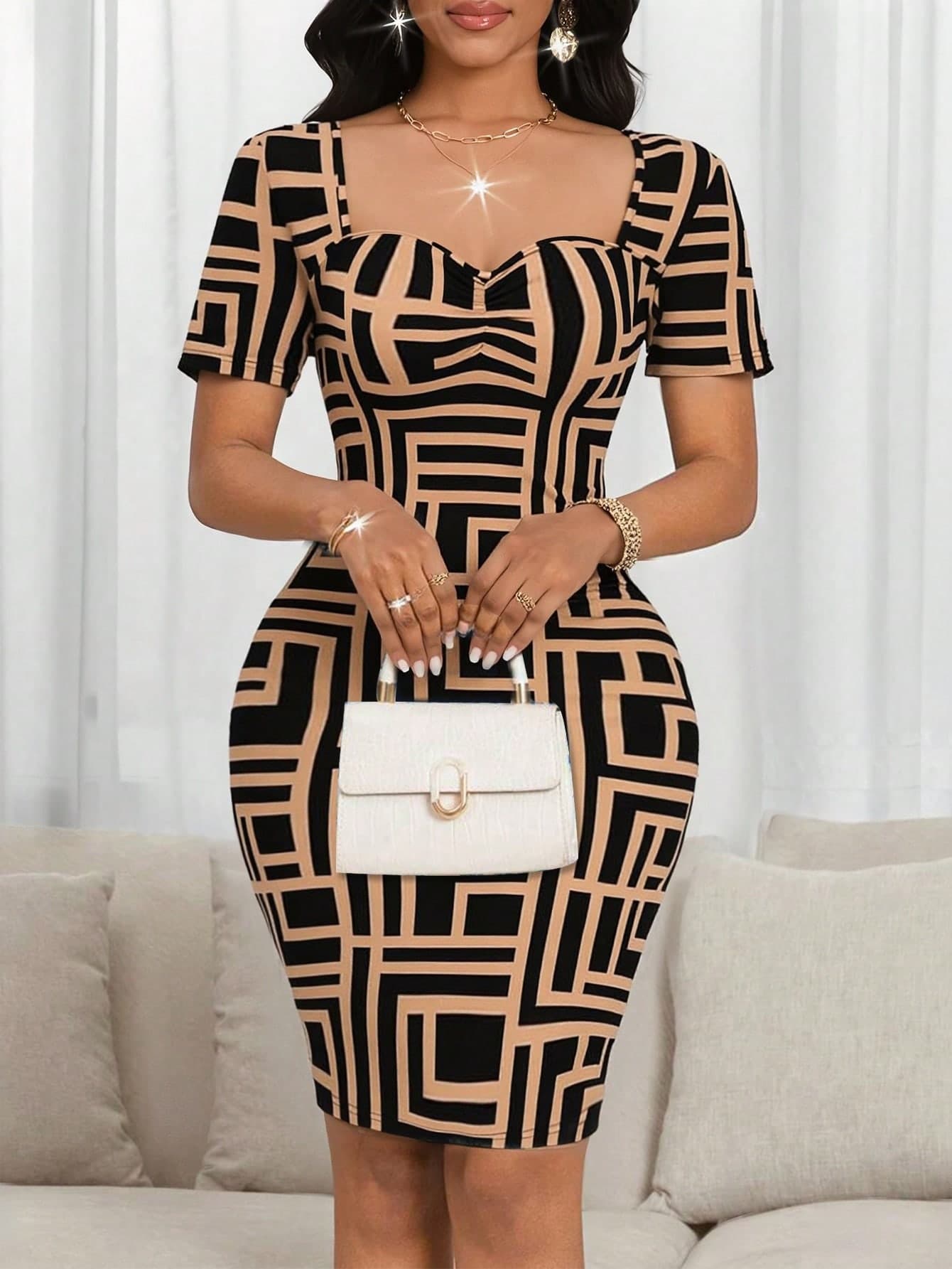SHEIN Lady Geo Print Sweetheart Neck Bodycon Dress For Women
