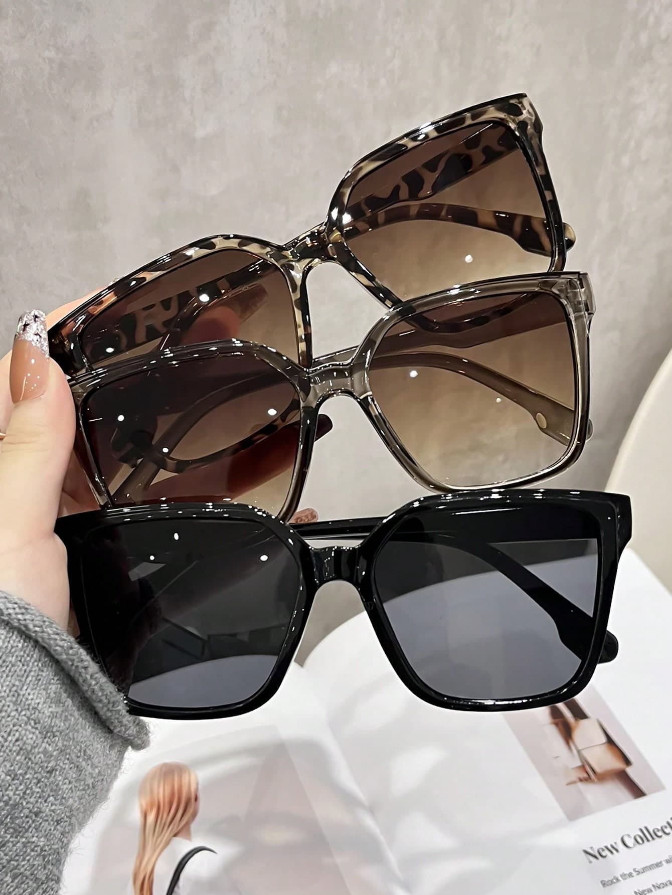 3pcs Women Oversized Fashion Glasses Set, Black And Leopard Plastic Frames For Beach, Travel, Parties And Outfits