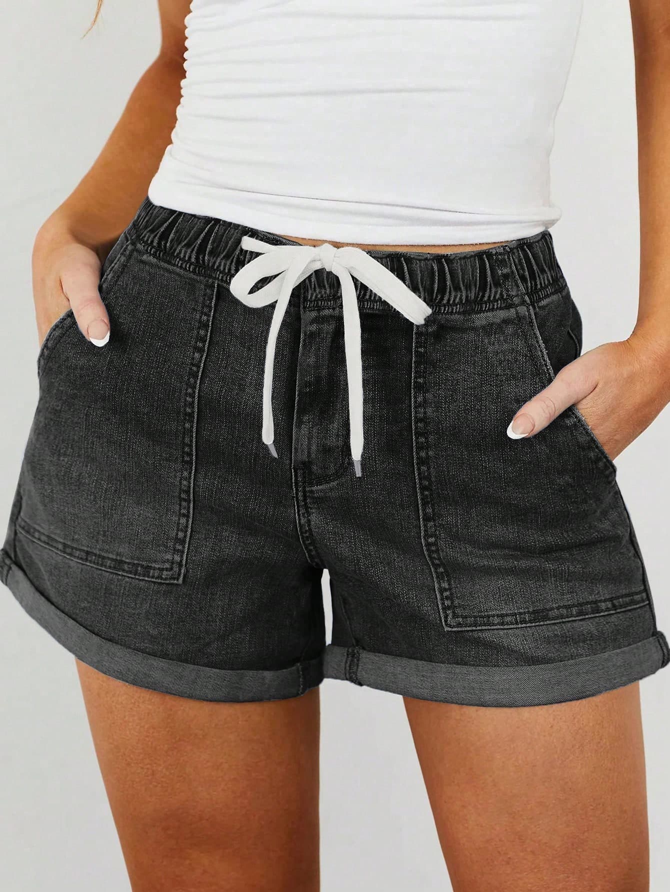 Women's Lightweight Summer Denim Shorts, Casual Loose Drawstring Elastic Waist, Cuffed Hem, Comfortable Vacation Denim Shorts