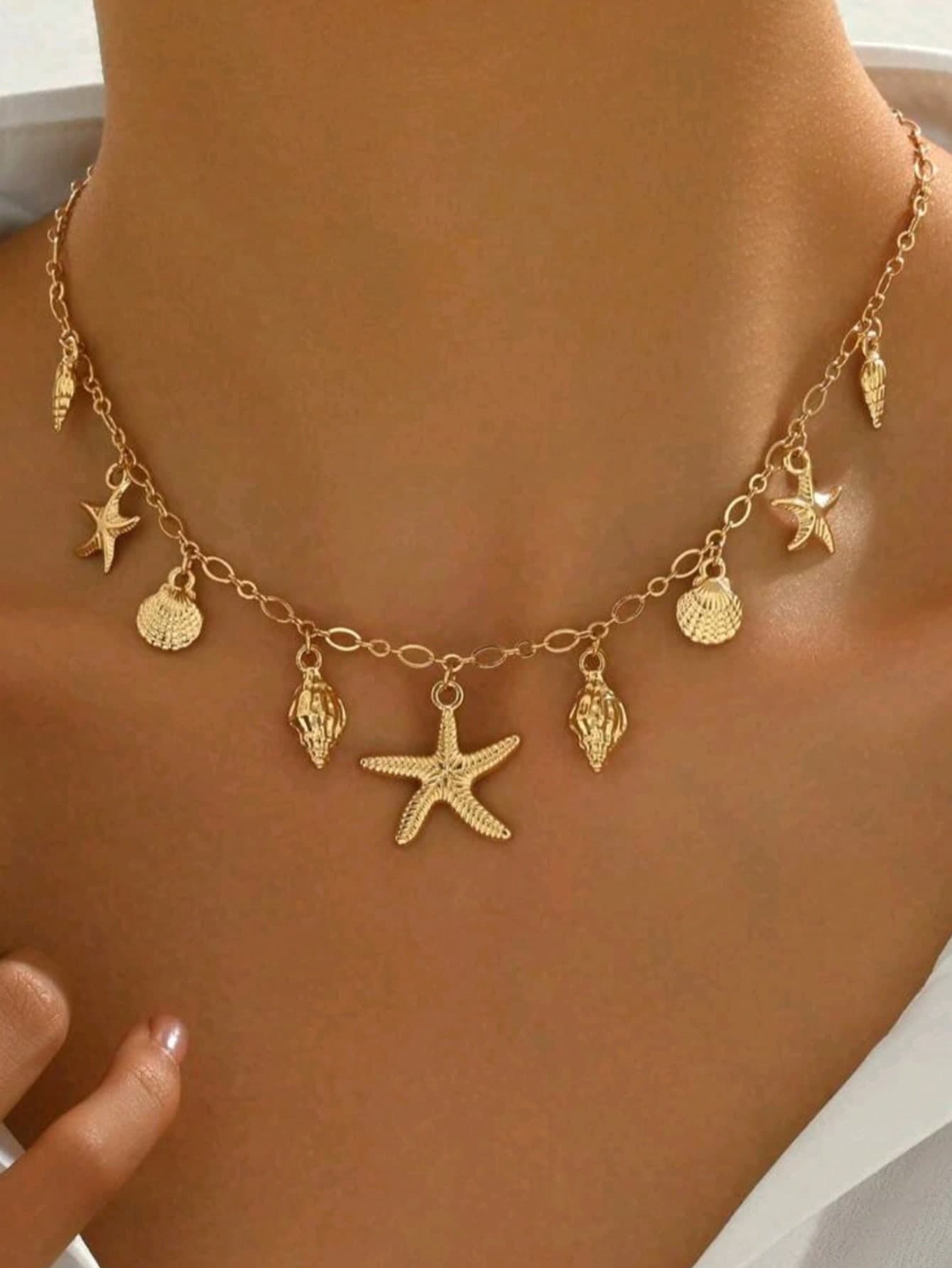 1pc Summer Beach Vacation Starfish, Mermaid, Seashell, Coconut Tree Pendant Necklace For Women