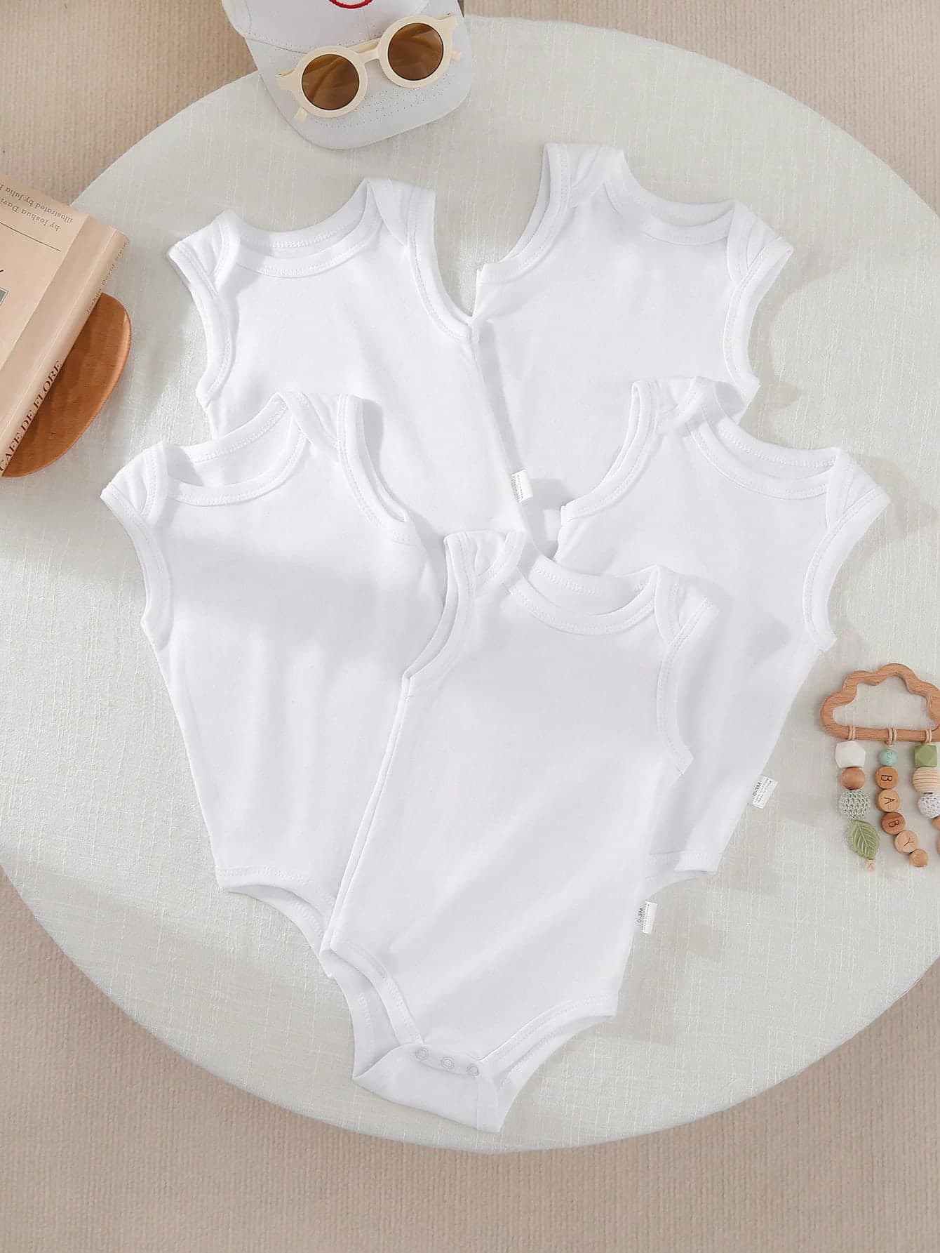 5pcs/Set Newborn Baby Cotton Soft Comfortable Sleeveless Bodysuit Set, Great For Home & Outdoor Use