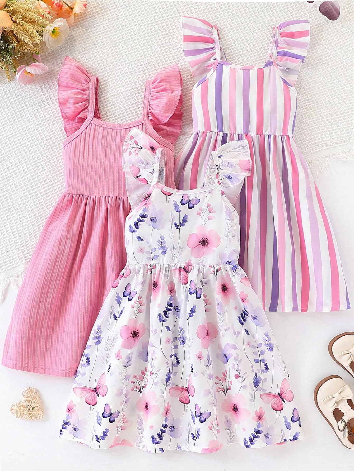 Young Girls 3pcs/Set Summer Casual Dress, Puff Sleeve Striped Floral Print, Fashion Vacation Outdoor Sundress