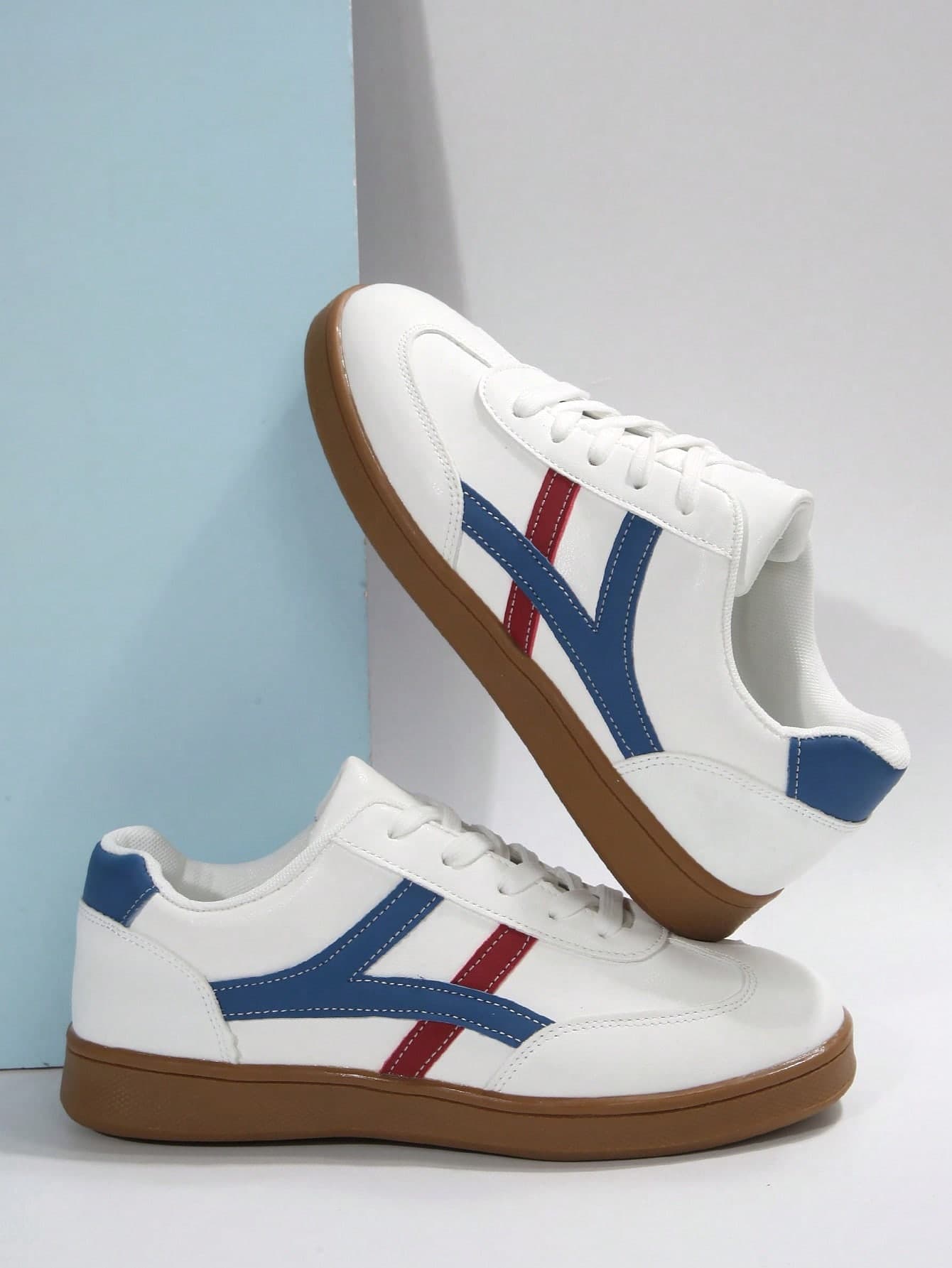 Women's Fashion New Spring/Autumn Round Toe Outdoor Casual Sports Shoes, Geometric Patchwork Striped Pink PU Faux Leather Upper Dexun Shoes, Comfortable Soft Casual Sneakers Skate Shoes White Shoes