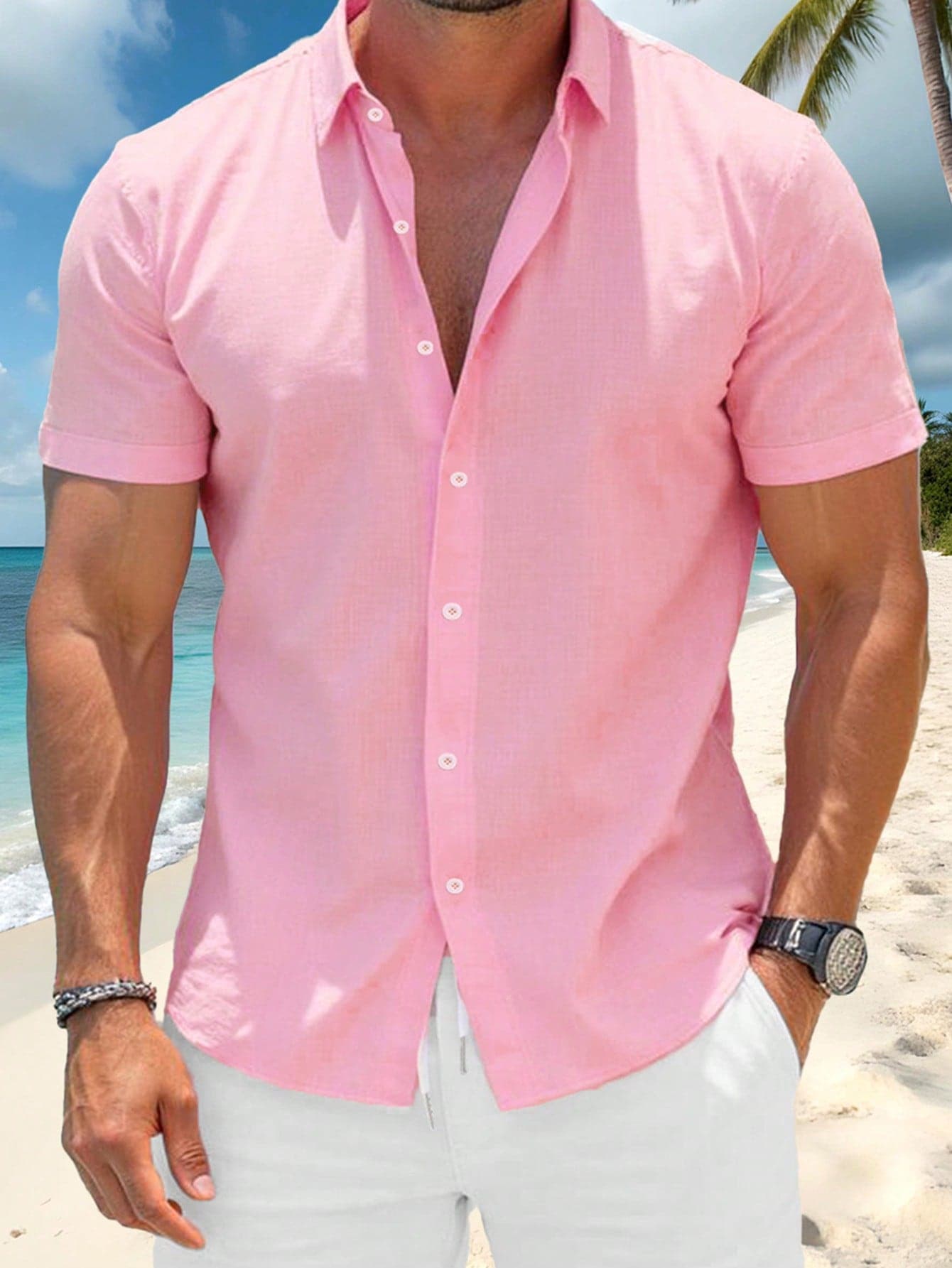 Summer New Vacation Style Men's Pink Shirt, Couple Vacation Beach Top Shirt, 4-Way Stretch Short Sleeve Shorts Beach Outfit Sports