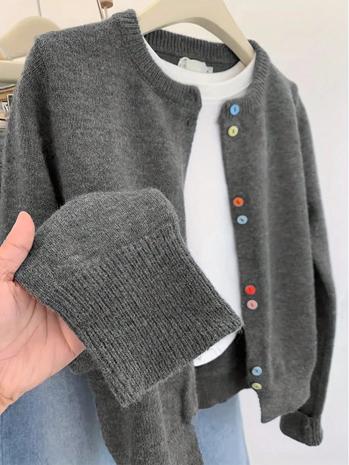 Plus Size Women Colorful Button Casual Long Sleeve Crew Neck Cardigan Sweater, Autumn/Winter Holiday Party Tops Gray Sweater