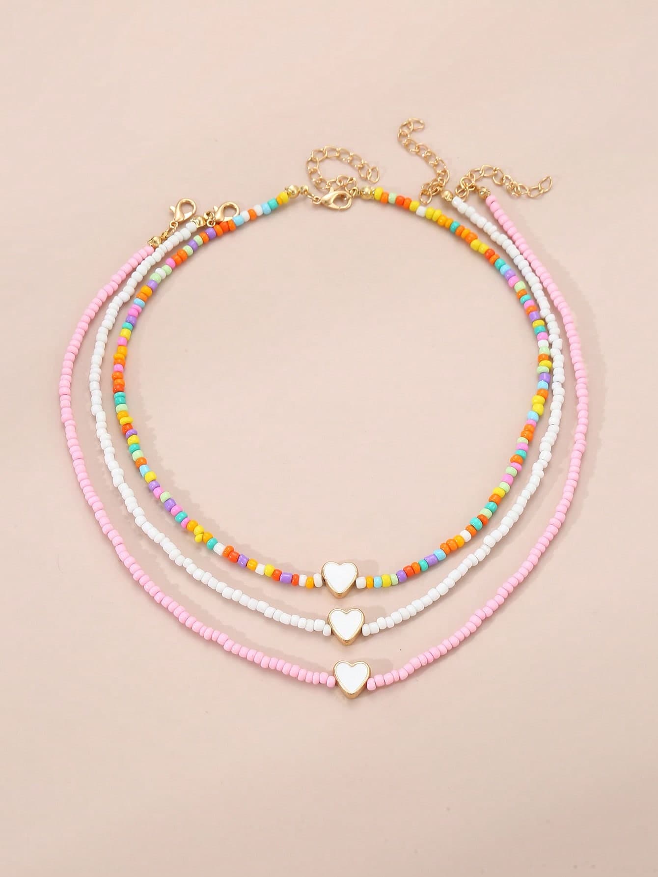 3pcs Girls Colorful Beaded Heart Necklace Set