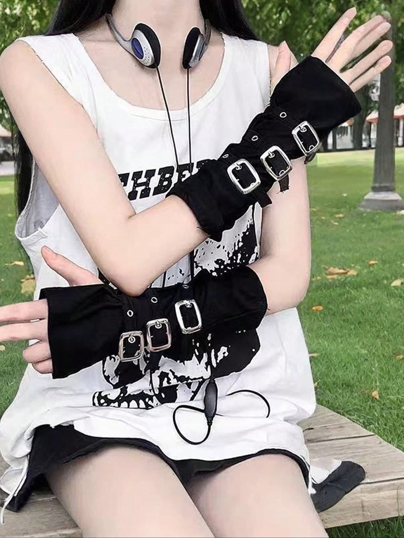 1 Pair Y2K Punk Style Fingerless Gloves, Gothic Wrist Strap, Steampunk Armband, Riot Arm Sleeve, Black Body Arm Sleeve, Suitable For Halloween Cosplay, Carnival Party, Street Fashion Accessories, Elbow Length, Halloween Costume Accessory
