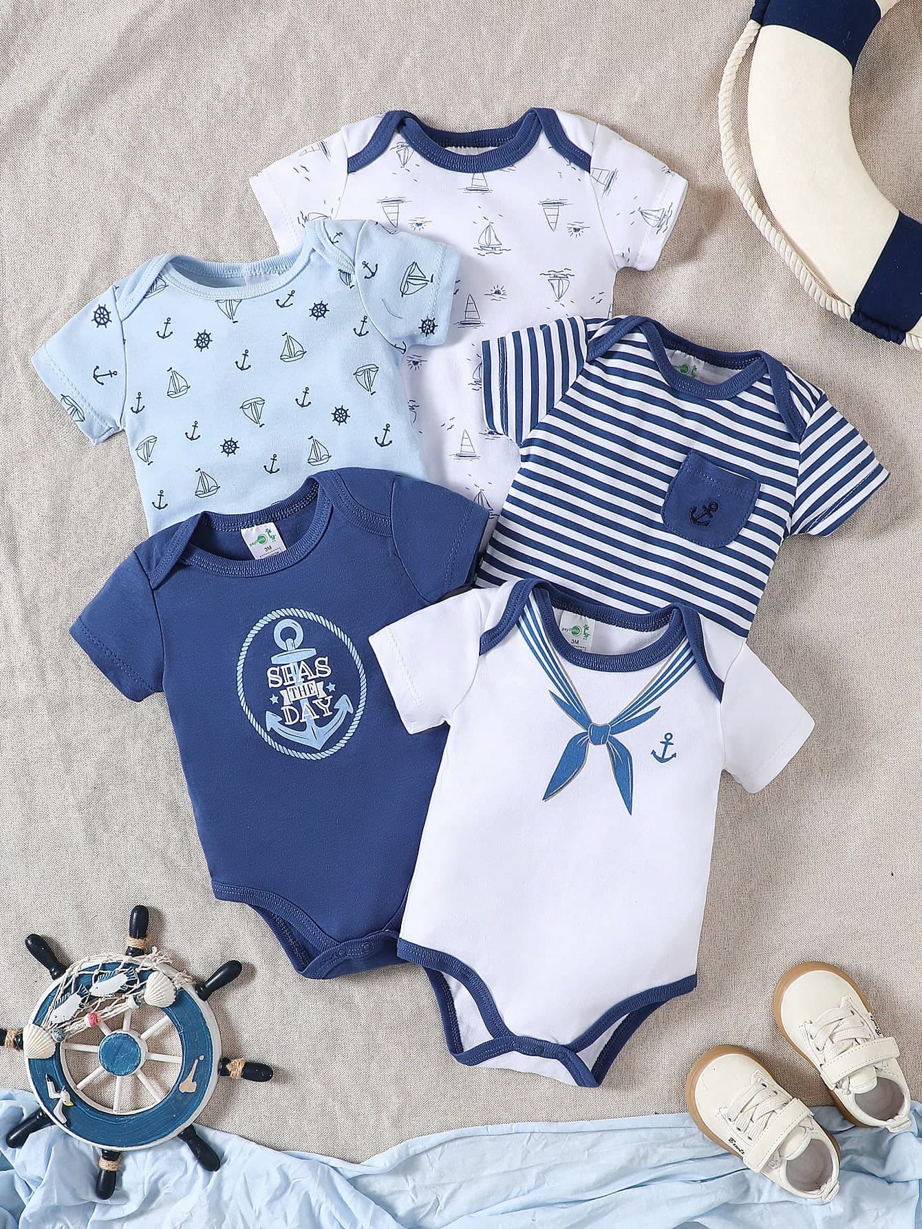 DILAVEL 5PCS Cotton Navy Pattern Round Neck Short Sleeved Full Print Jumpsuit For Boys Girls Babies Triangle Style Summer Autumn Outdoorfashion Outfit