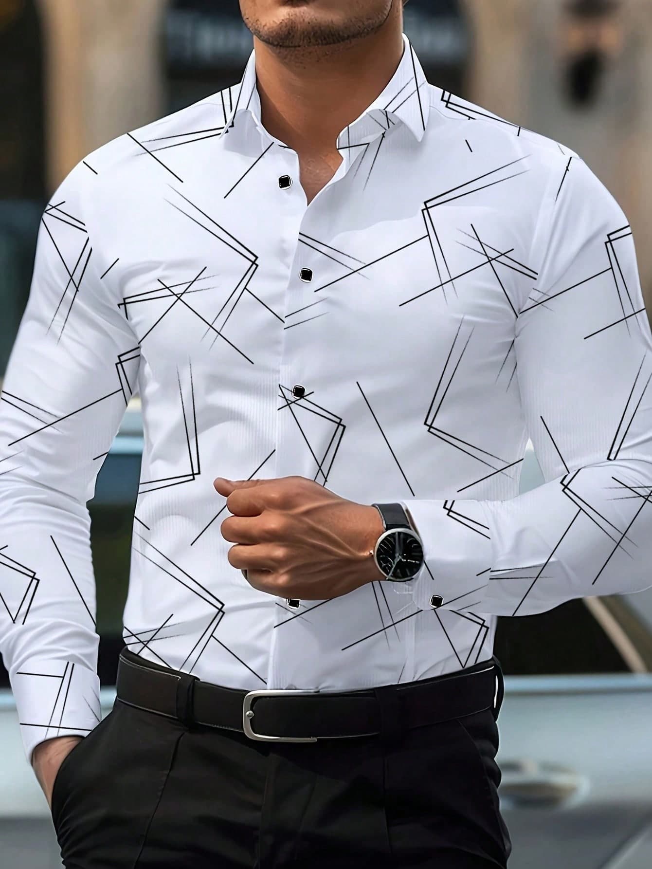 Men's Line Graphic Print Long Sleeve Formal Shirt,Fall