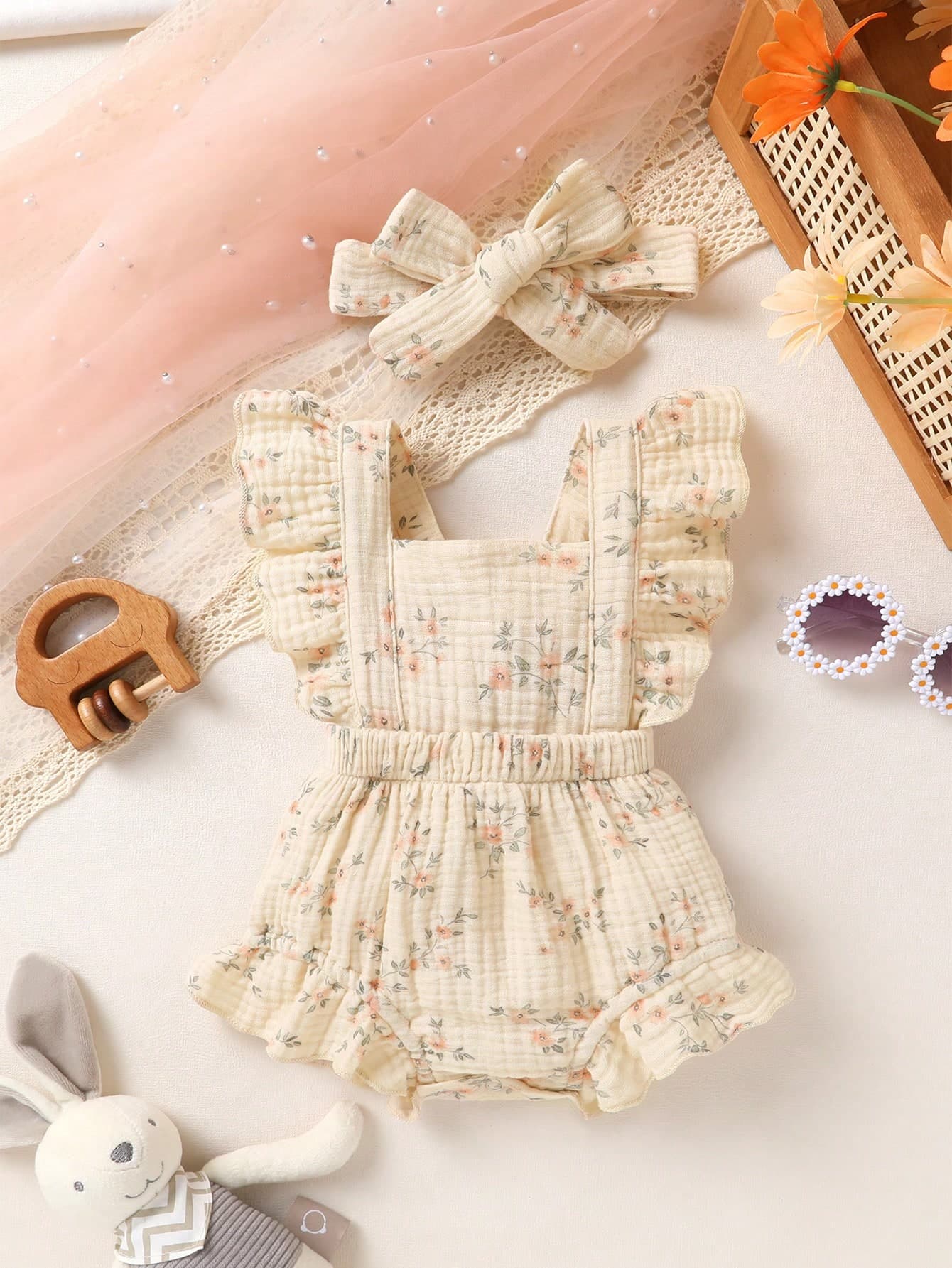 2pcs Set Casual Elegant Sweet Cute Baby Girl Bodysuit Dress, Soft & Comfortable, Ruffle Trim Solid Color Bodysuit & Headband Set