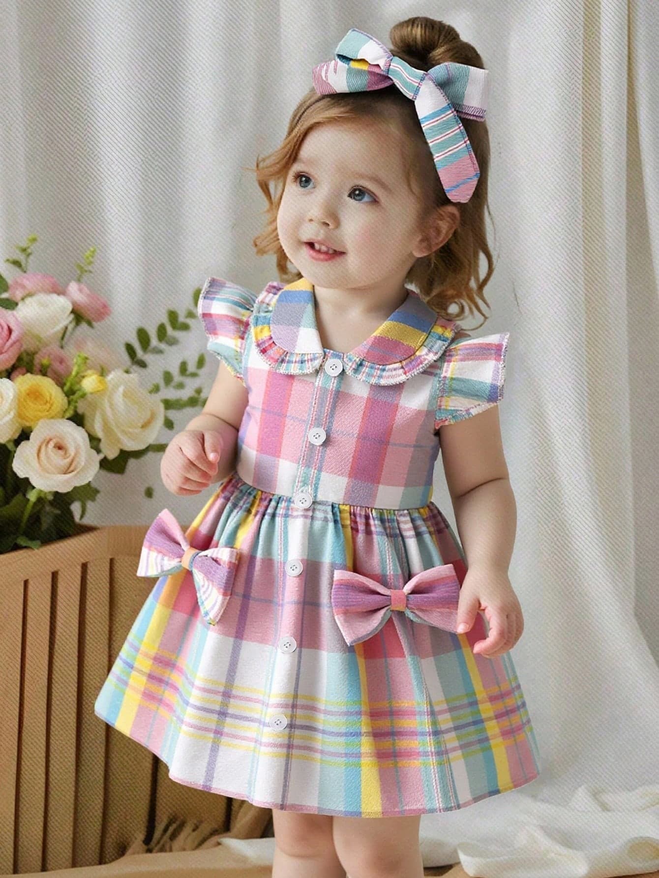Baby Girl Vintage Style Jacquard Fabric Ruched Collar Dress With Headband, Summer