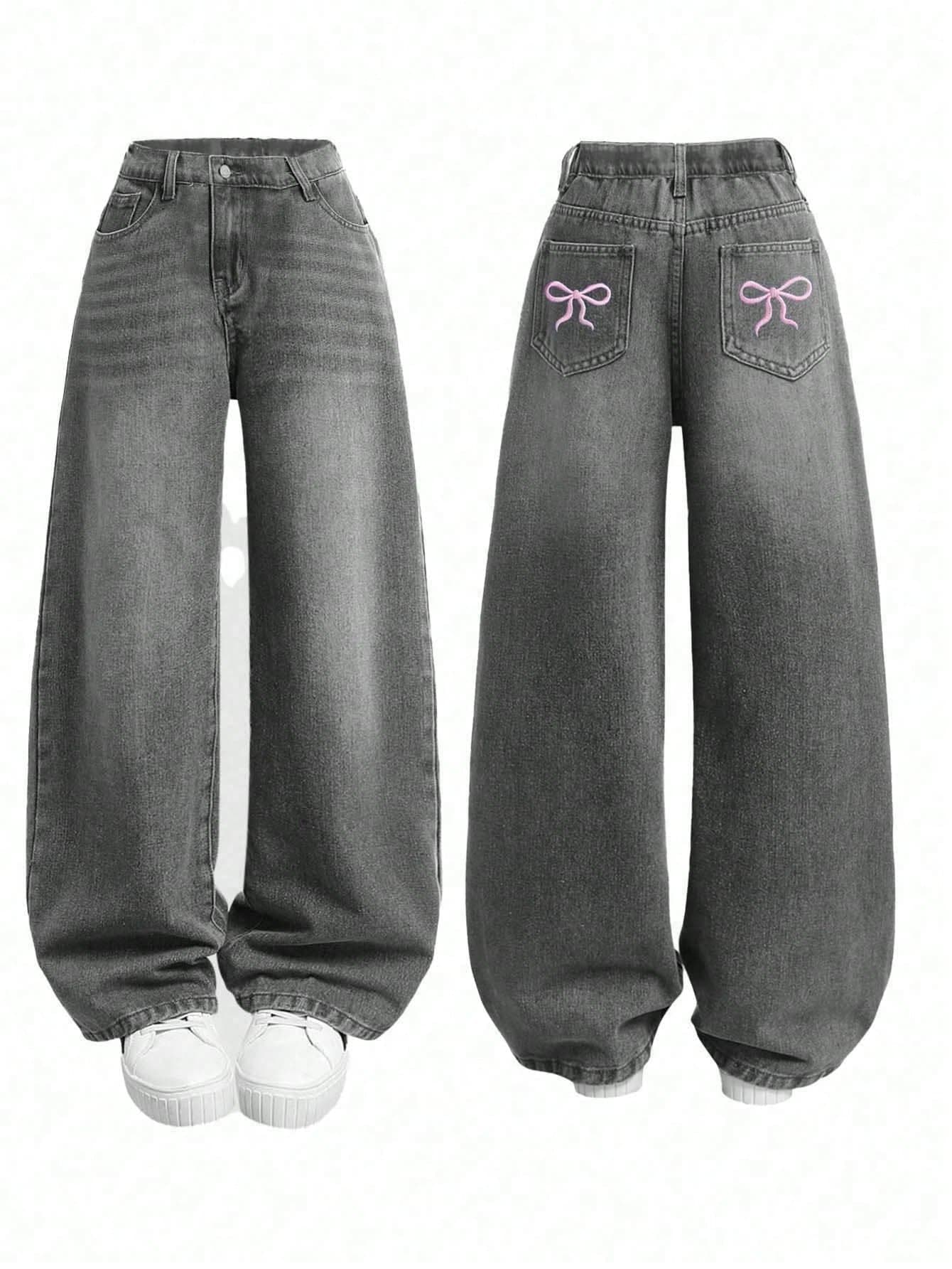 Teen Girl's Loose Fit Bow Print Denim Wide Leg Pants