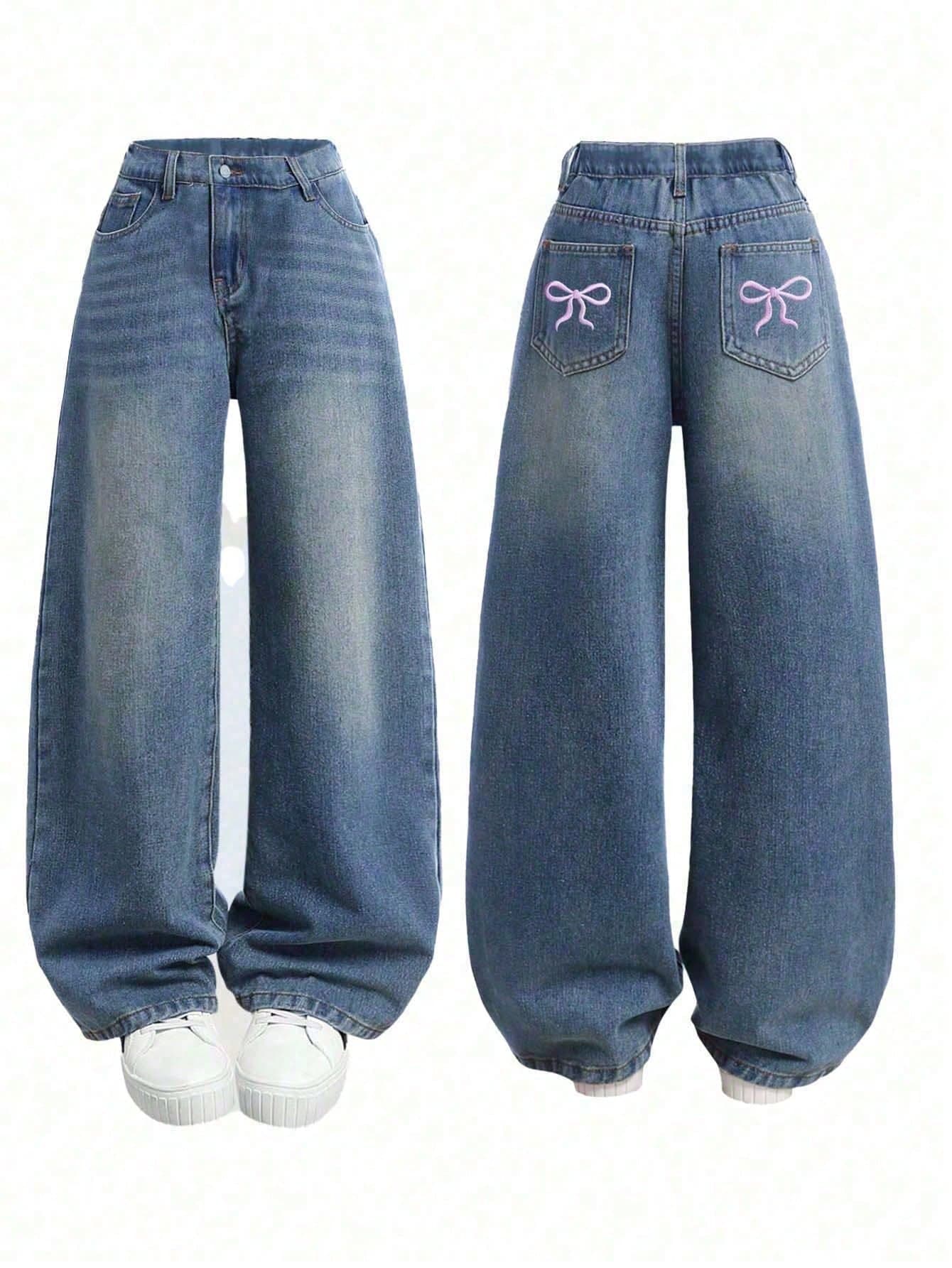 Loose Fit Bow Print Denim Wide Leg Pants, Versatile For Teen Girls