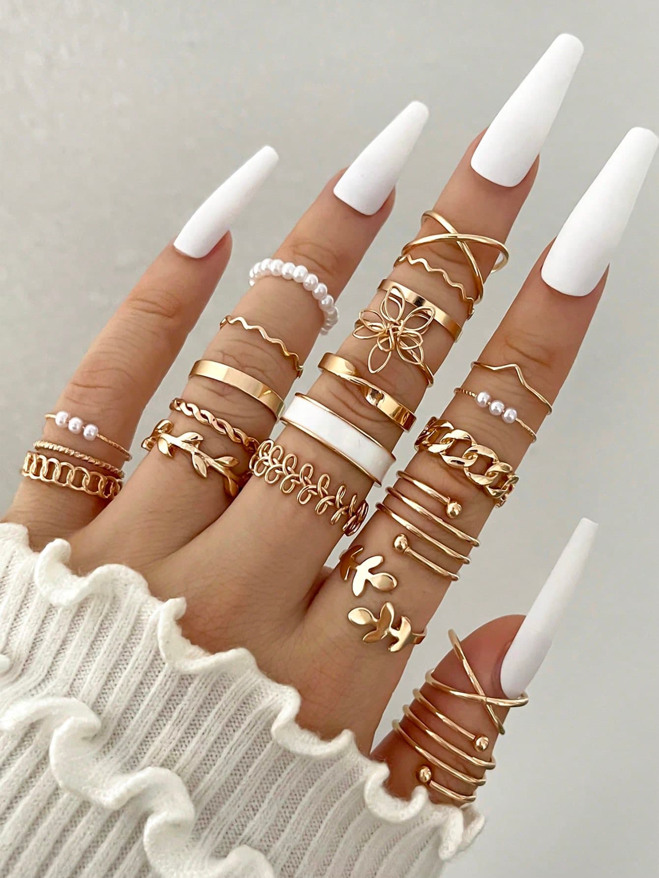 22pcs/Set Flower Pearl & Leaf Design Metal Knuckle Midi Rings, Creative Geometric Joint Rings For Women, Suitable For Daily, Wedding, Party, Holiday, Beach Vacation, Gift For Girlfriend, Mother, Friend