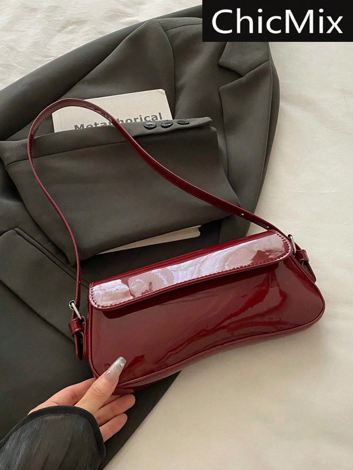 Fashionable Solid Color Glossy Asymmetric Underarm Shoulder Bag, Versatile, Elegant Minimalist Flap Handbag, Suitable For Shopping, Wallet Storage, Young Women, College Students, Career Starters, Office Ladies