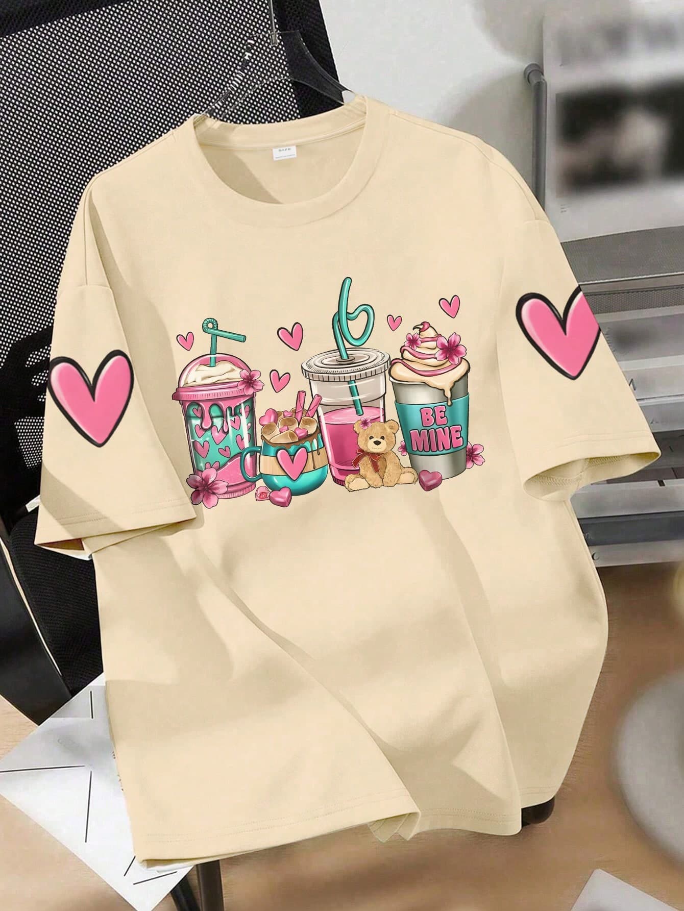 Tween Girl Dessert And Heart Print Crew Neck T-Shirt Summer Girls Casual T-Shirt Soft Top