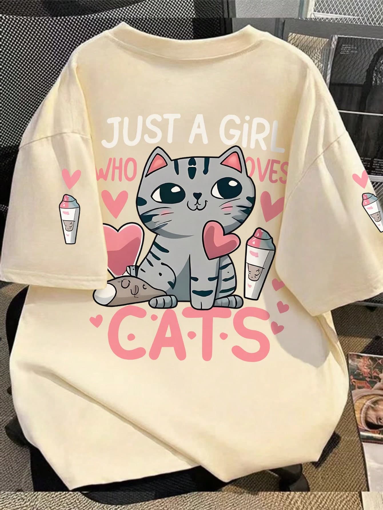 Girls' Cartoon Cat & Heart Print Round Neck T-Shirt, Casual Soft Top For Summer