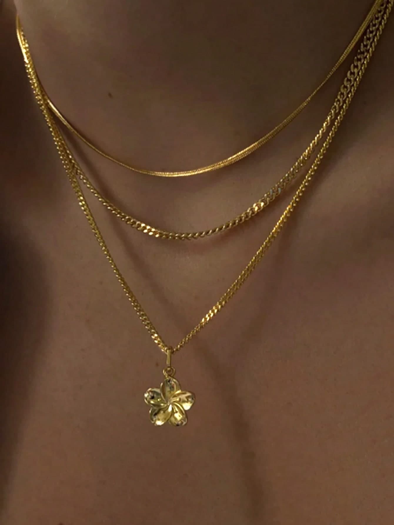 3pcs Flower Pendant, Wide Snake Bone Chain Necklace Minimalist Metal Layered Necklace Set, Elegant Vintage Chic Design, For Holiday, Party, Daily Wear, Gift