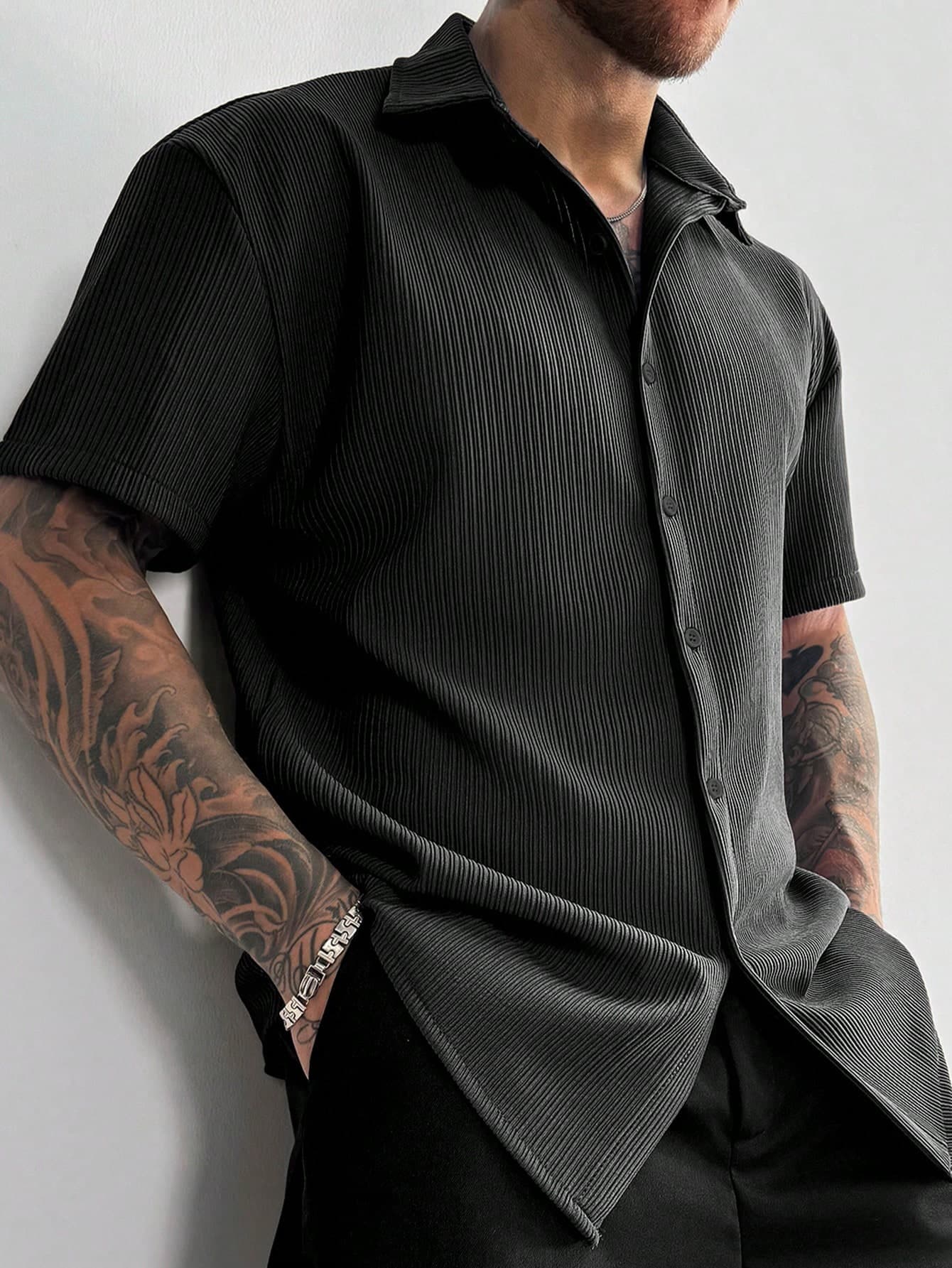GloMan Old Money Men's Textured Solid Color Ribbed Knit Short Sleeve Lapel Shirt,Summer Resort Vacation Casual Office Wear,Gift For Dad Or Husband