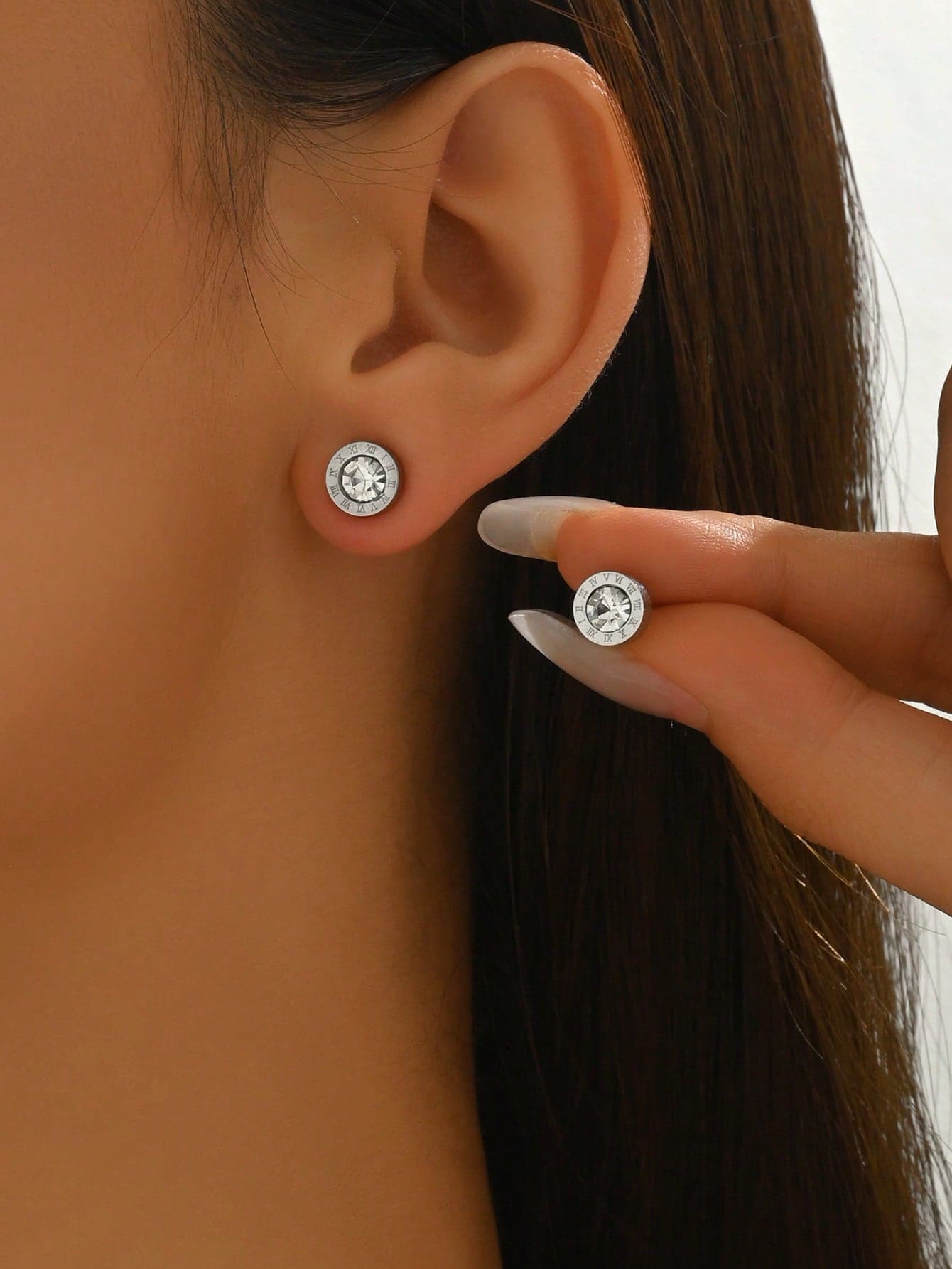 Roman Numerals Detail Rhinestone Decor Stud Earrings