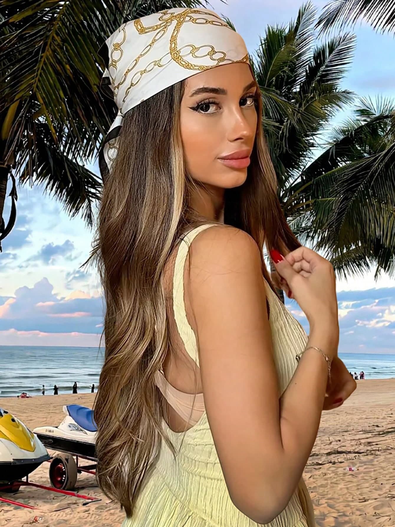 1pc Elegant Black & White Women's 70cm Silk Square Scarf, Summer Lightweight Beach/Casual Headband For Dress