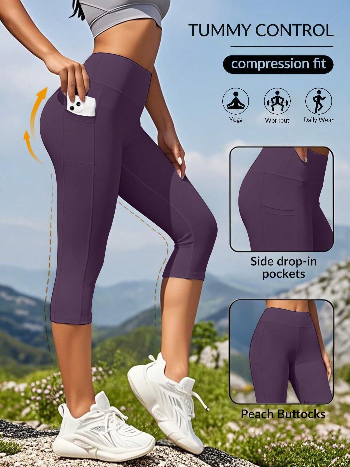 Women's Summer High Waisted Capri Leggings With Phone Pocket Quick Dry Breathable Yoga Pants Outdoor Black Sports