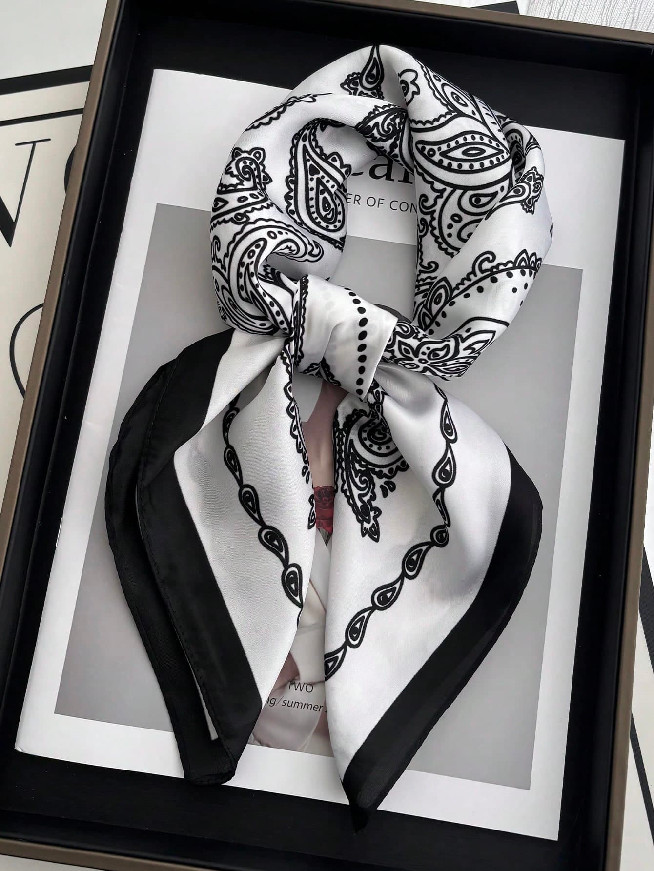 1pc Square Satin Bandana Scarf Women Paisley Print Head Scarf Wrap Bag Accessory