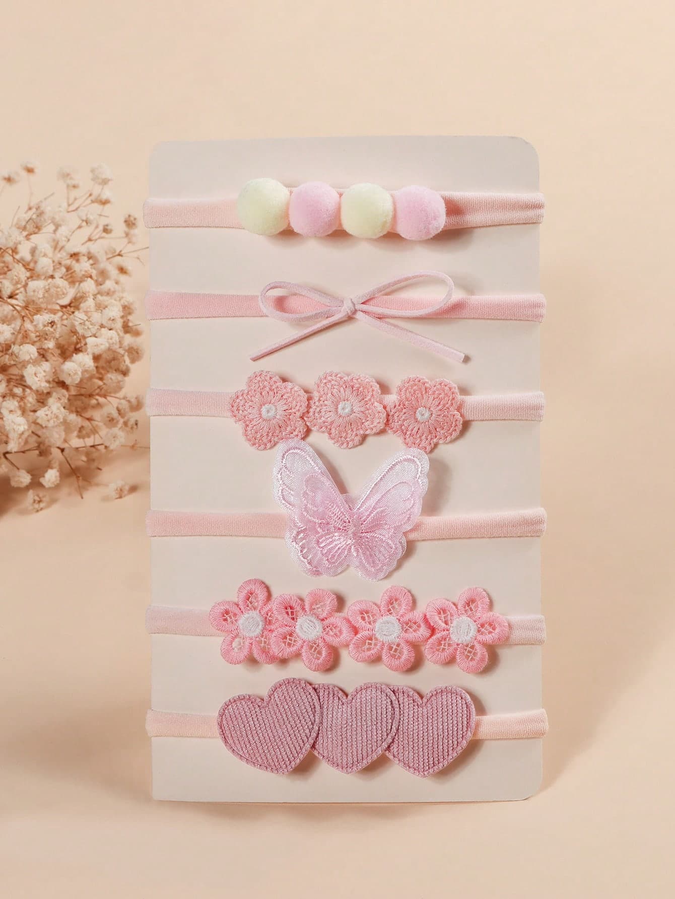6pcs Baby & Toddler Pink Cute Pretty Bow Sunflower Butterfly Decor Nylon Seamless Elastic Headbands, Newborn Hair Accessories