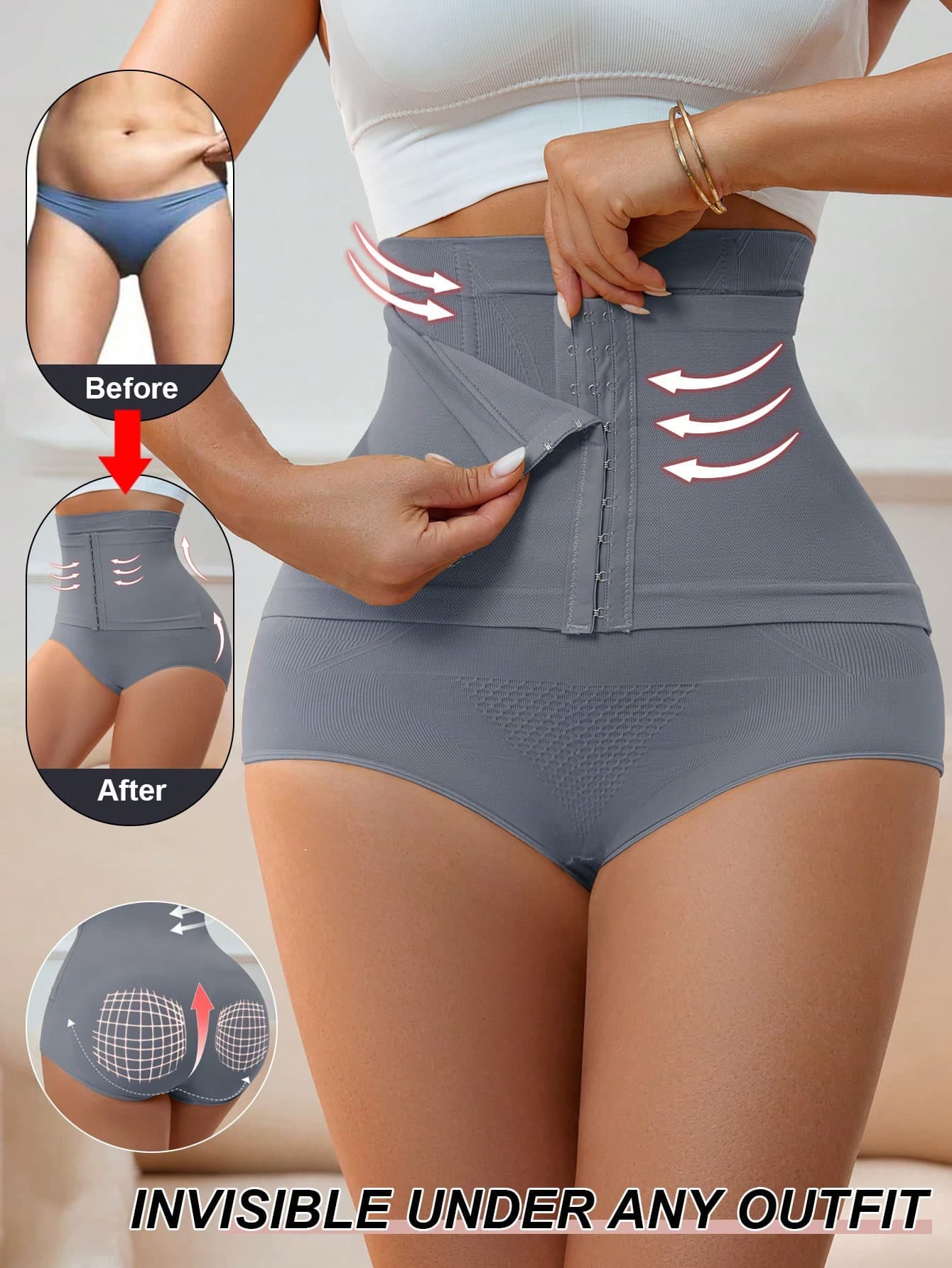 Women's High Waist Shaping Panties With Buckle, Tummy Control, Butt Lift, Waist Cincher, Thigh Slimming Shapewear