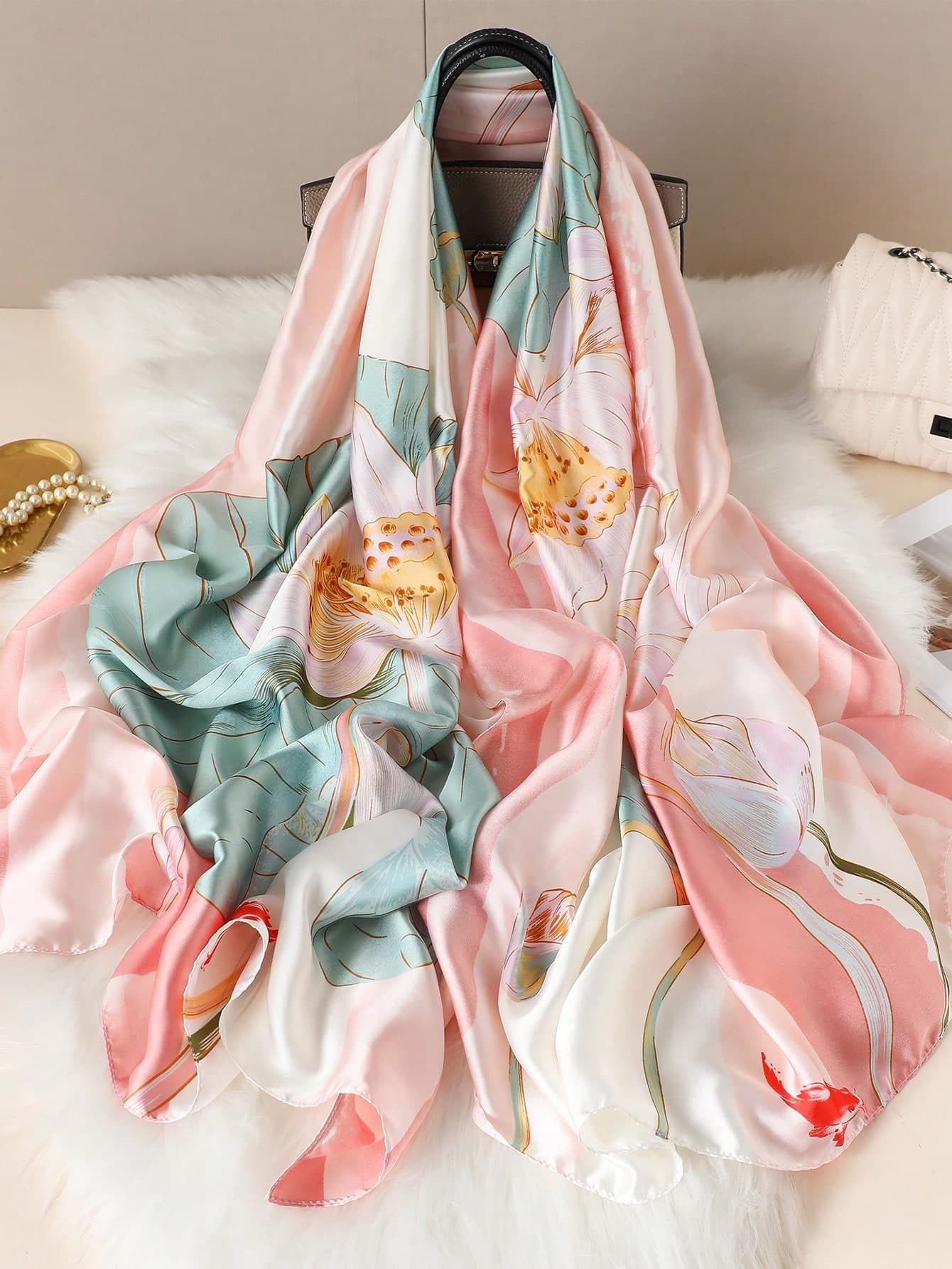 1pc Floral Print Scarf, Elegant Outdoor Sun Protection Romantic Style, Suitable For Outdoor Travel, Can Be Used As Headband, Hair Tie, Hair Hoop, Ideal For Self-Decoration