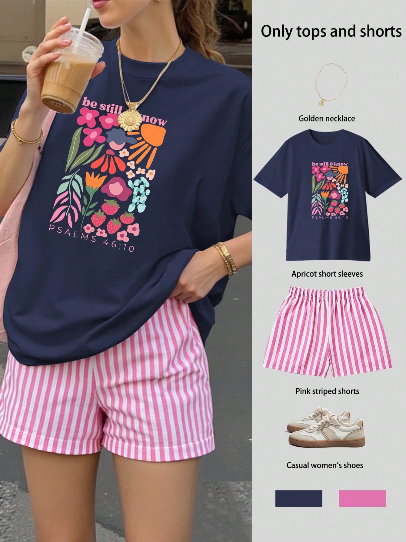 Be Stil & Know Print Women's Loose Short Sleeve Top And Striped Shorts Set, Summer Top, Casual Women's Clothing, Vacation Outfit, Travel Wear, Beach Style, Minimalist Vacation Style, Summer Clothes, Women's Clothing