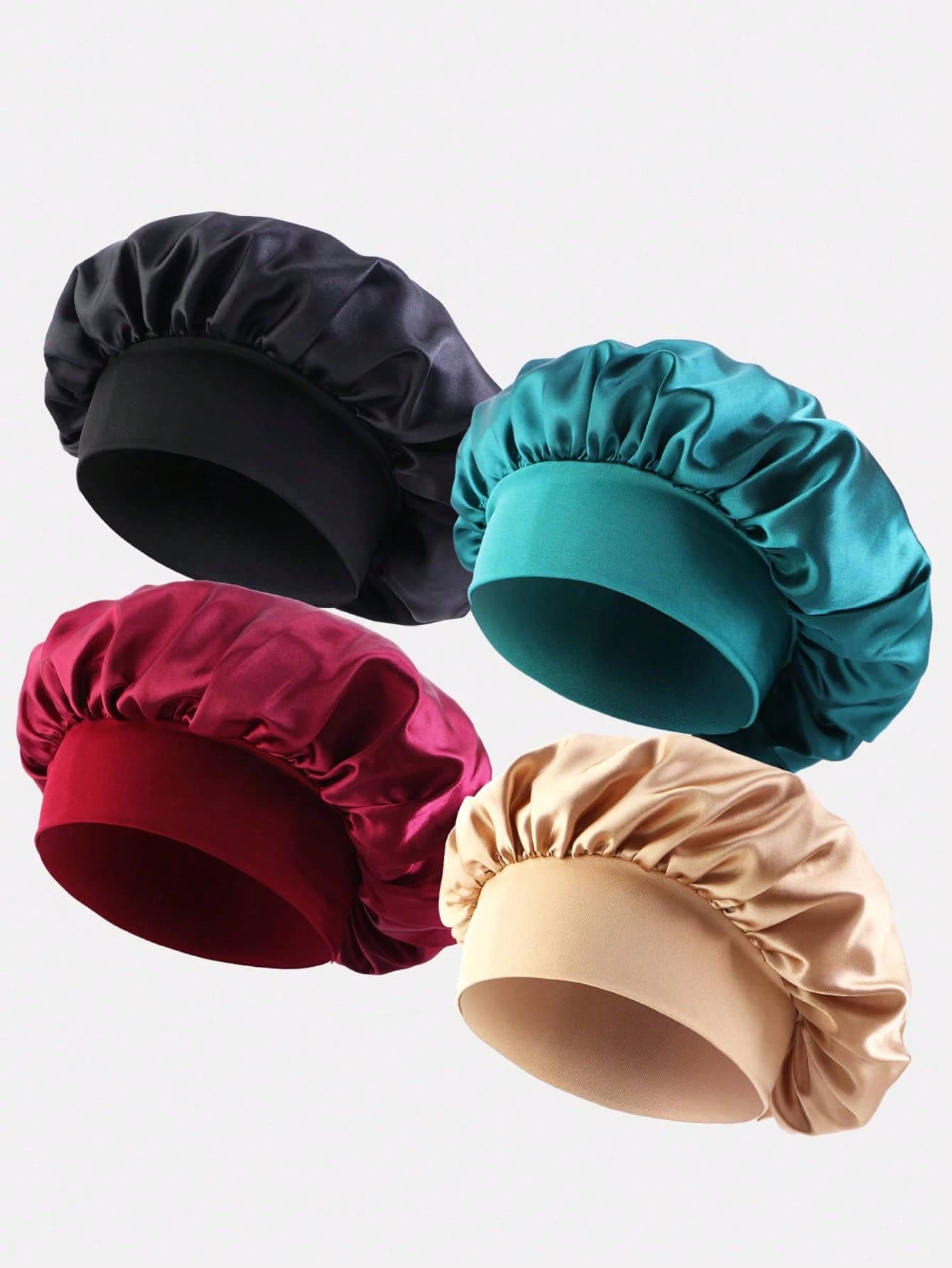 4pcs Women's Multi-Color Satin Wide Brim Sleep Cap, Suitable For Everyday Use Sleep Bonnet