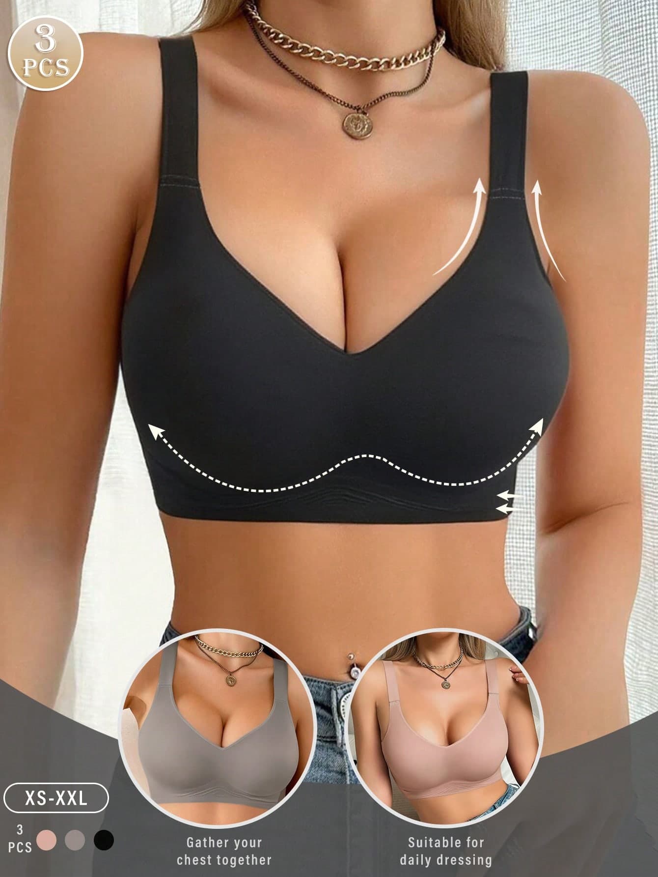 3pcs Women's Soft Breathable Comfortable Fabric Bras, Casual Comfortable Underwear, Summer Outfit, Seamless Wireless Solid Color Bras