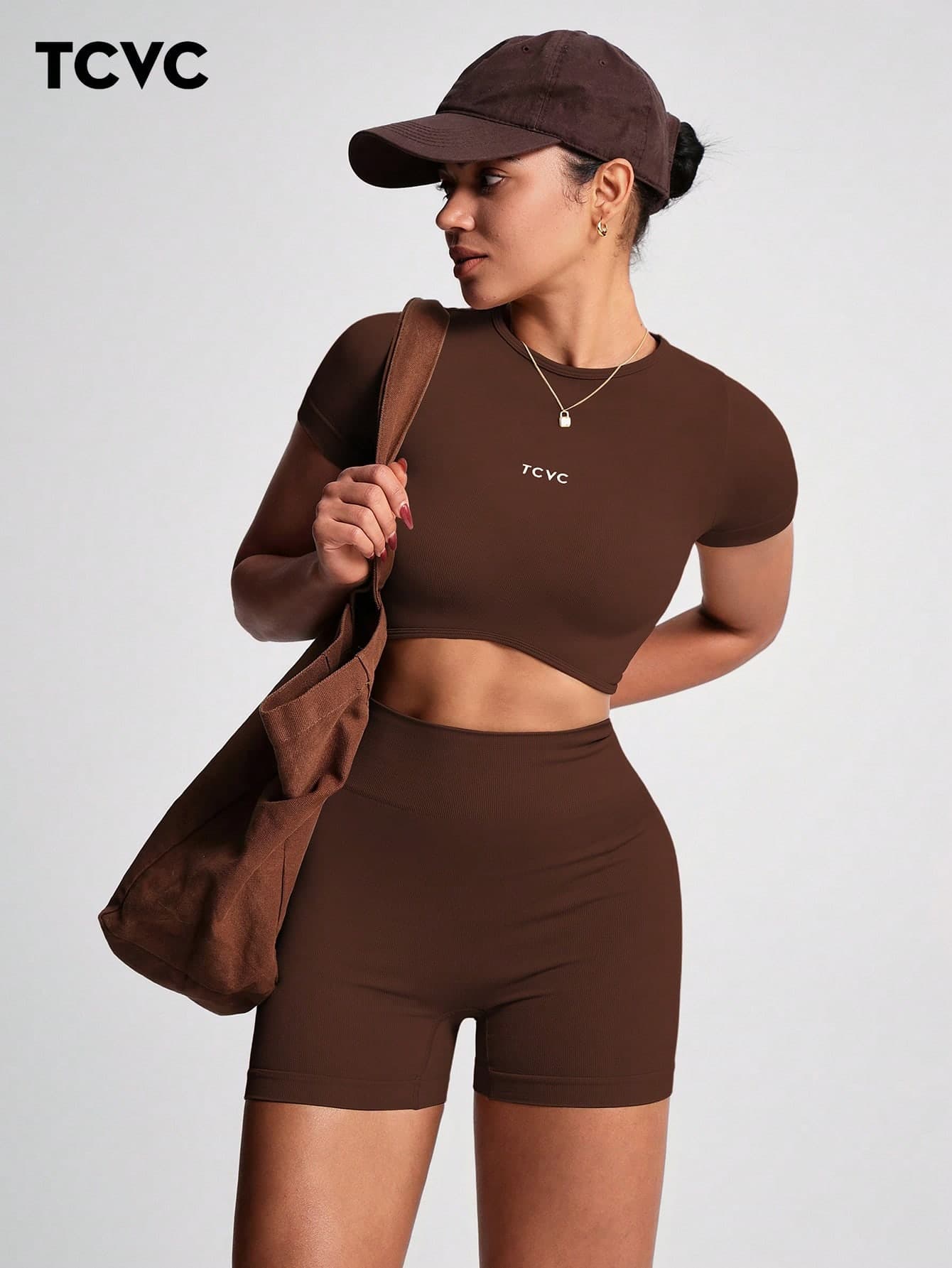 TCVC Women's Seamless Knit Elastic Round Neck Short Sleeve Top And High Waist Tummy Control Biker Shorts Sports Yoga Set