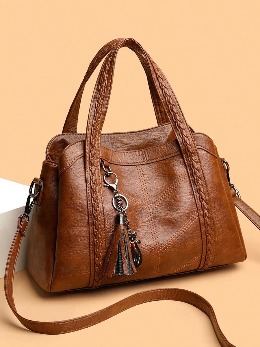 New PU Leather Women's Handbag, Retro Style, Tassel Decor, Fashion Zipper Shoulder Bag With Detachable Strap, And Travel, Bags Ladies Elegant,Fringe Bag
