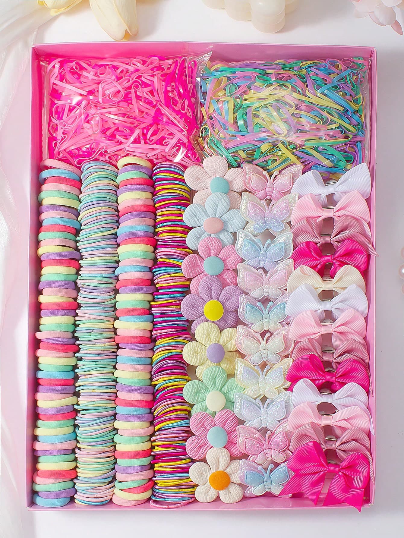 10/845 Pcs Set Of Cute Pink Floral Hair Clips, Ombre Glitter Butterfly Hair Clips, Bow Hair Clips, Scrunchies, And Disposable Hair Ties - Perfect Accessories For Girls' Everyday, Party, Or Travel Outfits