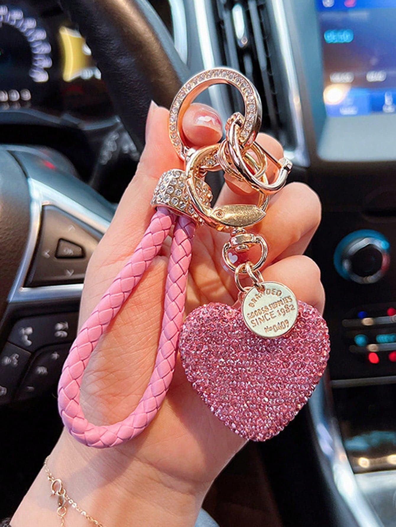 1pc Fashion Alloy Rhinestone Heart Bag Charm Accessory, Clay Rhinestone Keychain, Crystal Studded Car Key Pendant, Decorative Ornament For Handbags