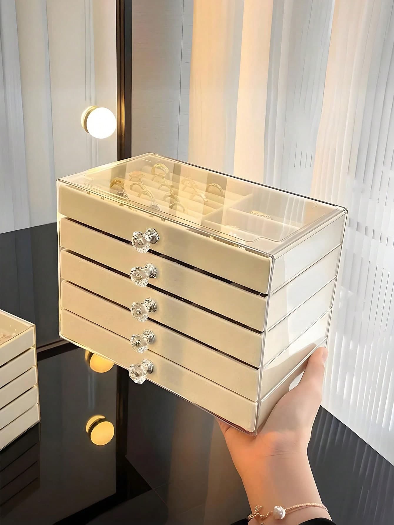 1pc 5-Layer Transparent Acrylic Jewelry Box, Large Capacity Jewelry Storage Box, Drawer-Style Jewelry Storage Display Box, With Adjustable Velvet Tray, Suitable For Earrings, Rings, Bracelets, Necklaces, Bracelets, Holiday Gift.