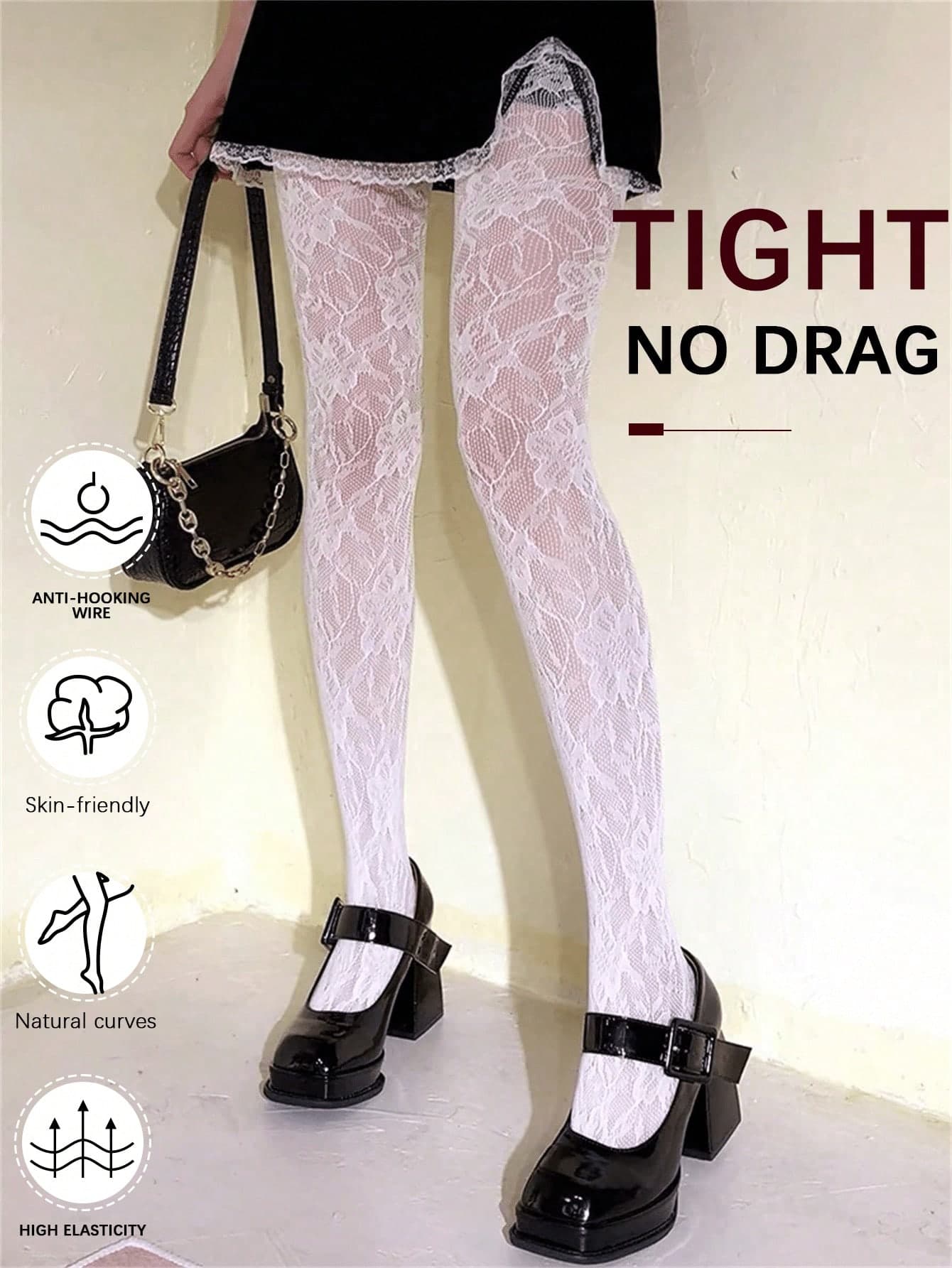 White Fishnet Tights With Floral Pattern, Thin Hollow Out Jacquard Mesh Stockings, Sweet & Cool Hot Girl Style Pantyhose