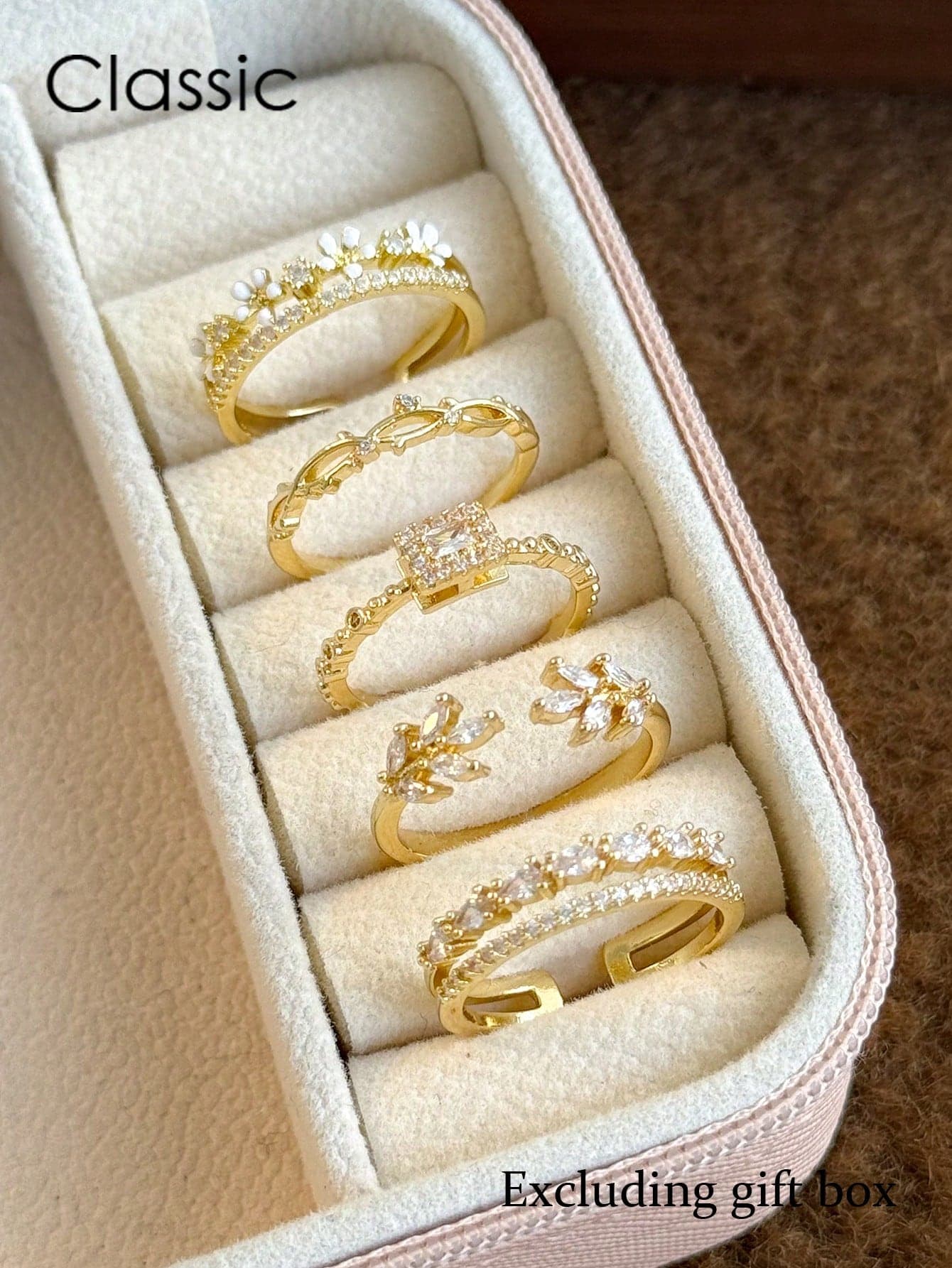 5pcs Sweet Cubic Zirconia Flower Open Copper Ring Set, Suitable For Women's Vacation And Wedding Wear (Gift Box Not Included)