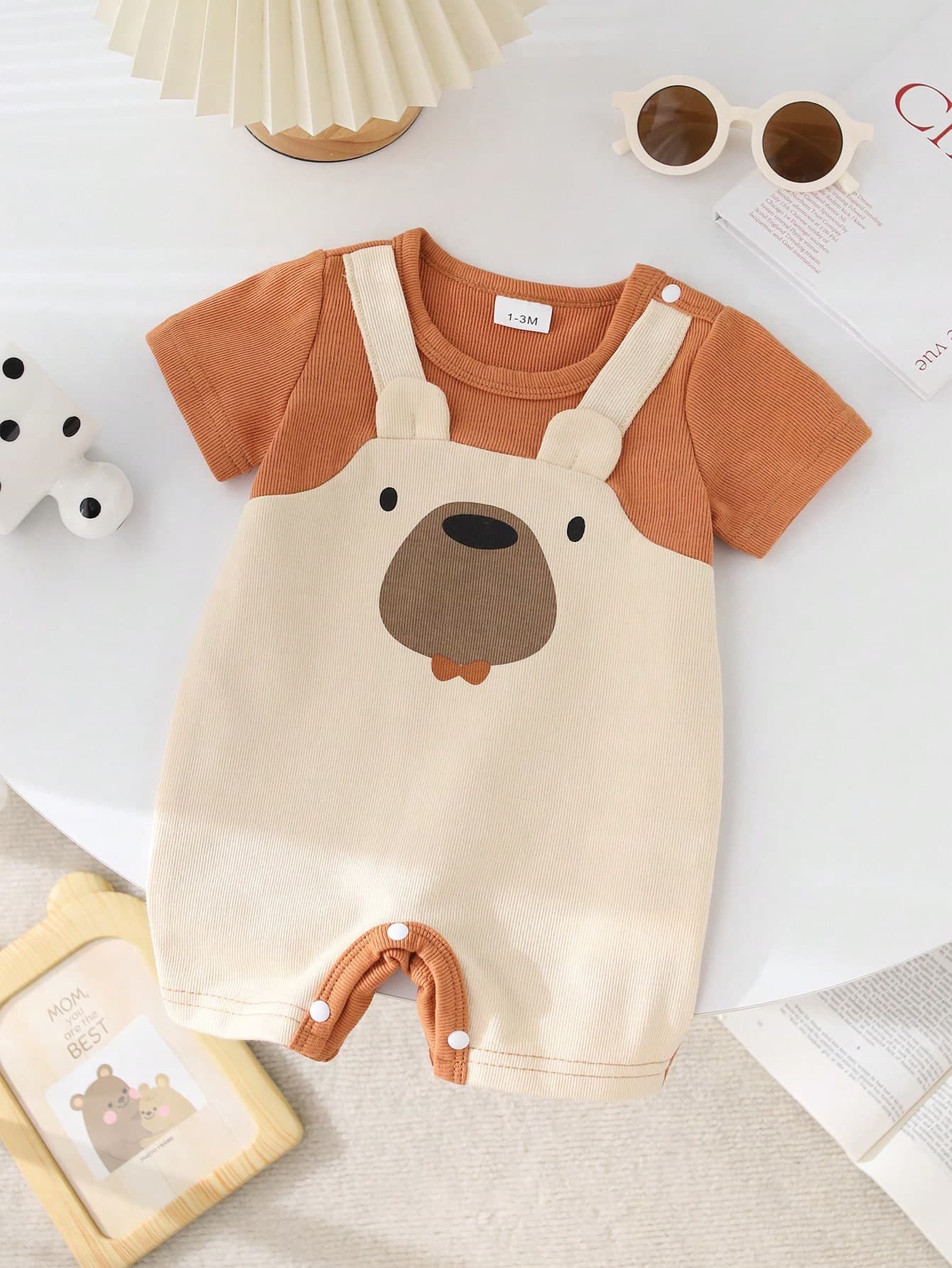 Fashionable Round Neck Cute Print Loose Strap 2 In 1 Short Sleeve Contrast Design Baby Boy Romper