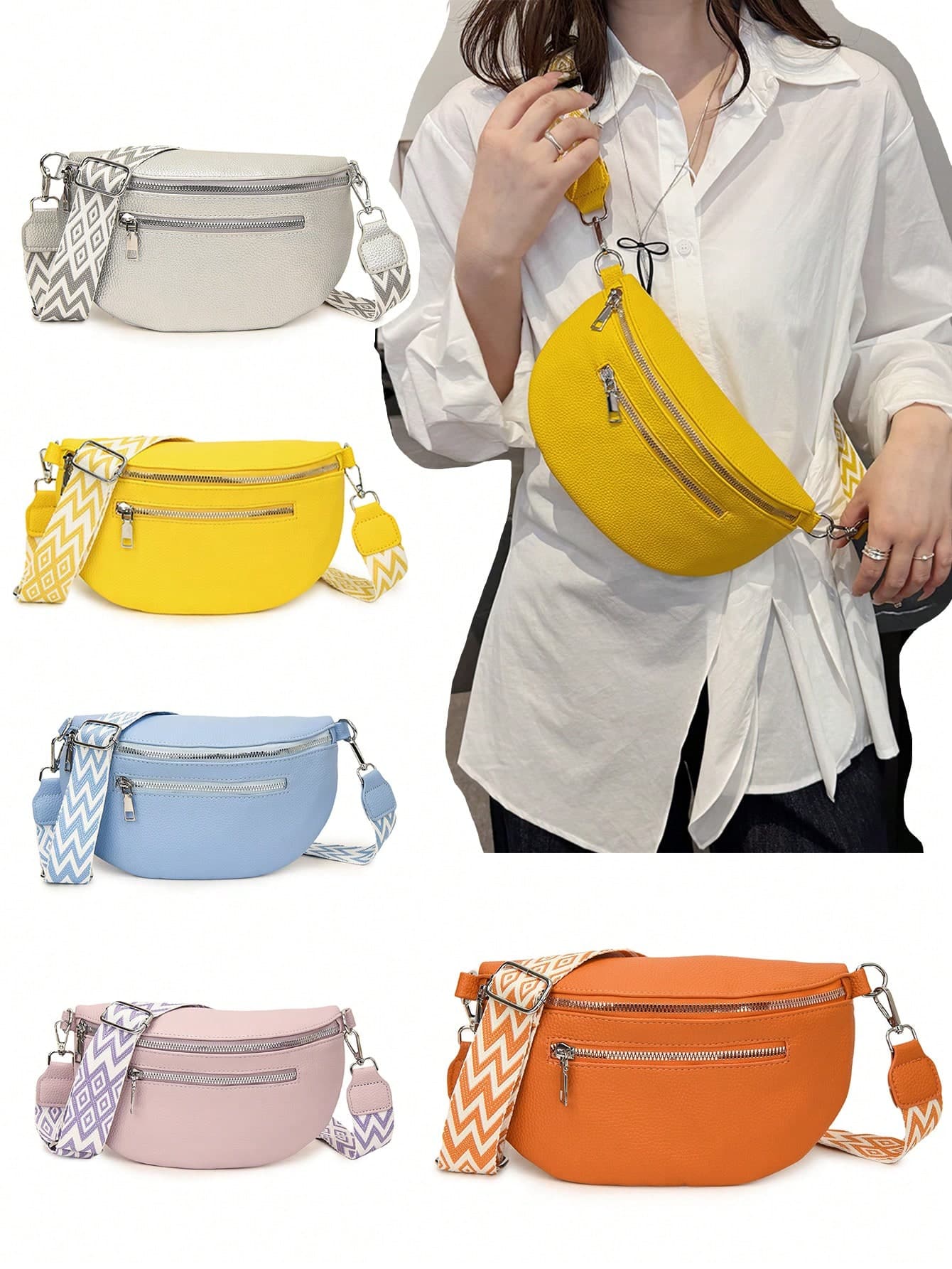 Sporty Multi-Color Women Chest Waist Bag, Contrast Wide Strap Multi-Pocket Shoulder Crossbody Fanny Pack