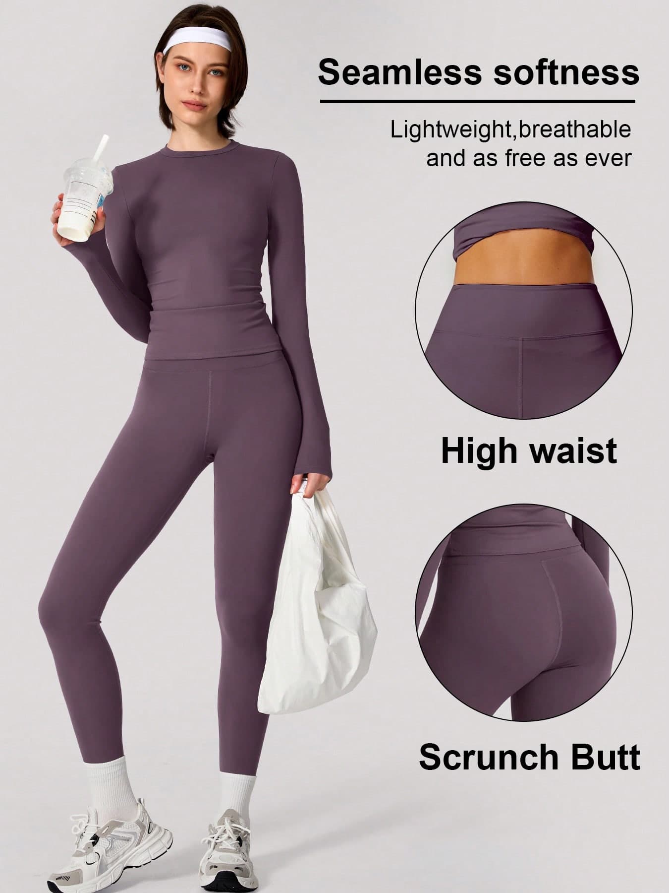 Women's Simple Solid Color Sports Top And Pants Set, Suitable For Daily Yoga And Workout Spring