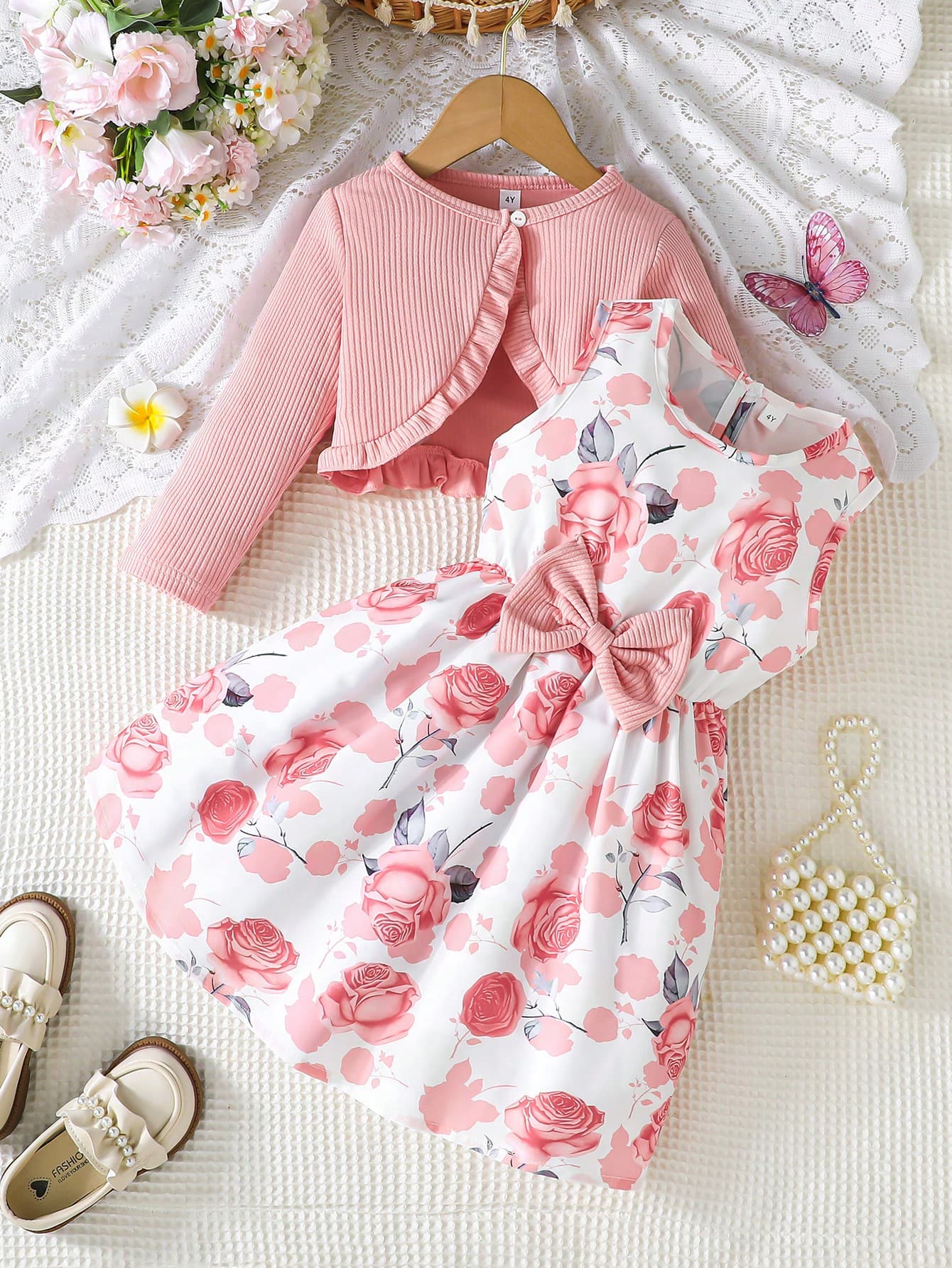 2pcs/Set Girls Spring/Autumn Fashion Ruffle Hem Jacket With Delicate Bow Floral Print Sleeveless Dress Two Pieces Outfit, Cute & Vivid