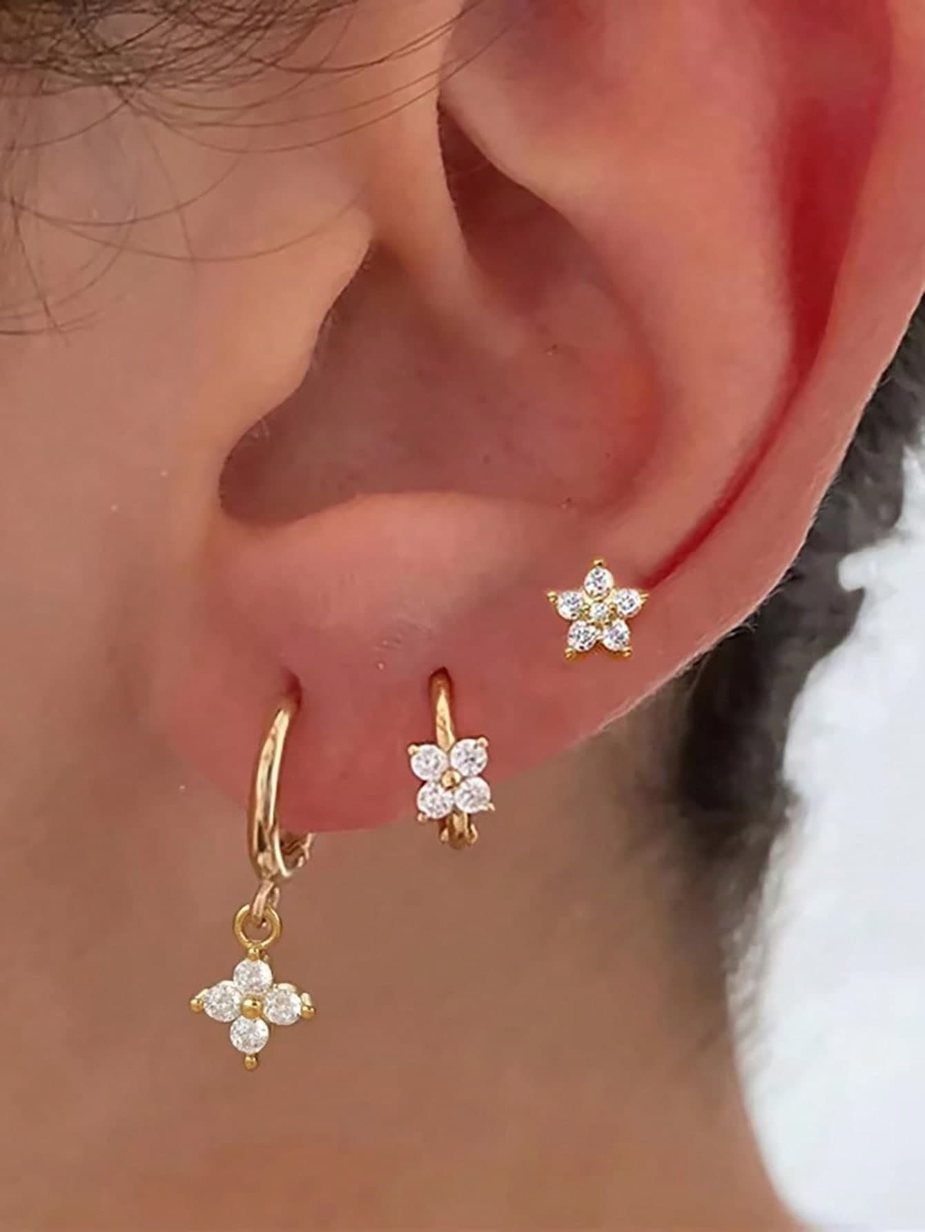 3pcs/Set Single Ear Stainless Steel Zirconia Flower Earring Set, Women's Style, 18K Gold Plated Hypoallergenic Ear Cartilage Hoop Earrings Studs Ear Piercing Jewelry, Suitable For Daily Wear