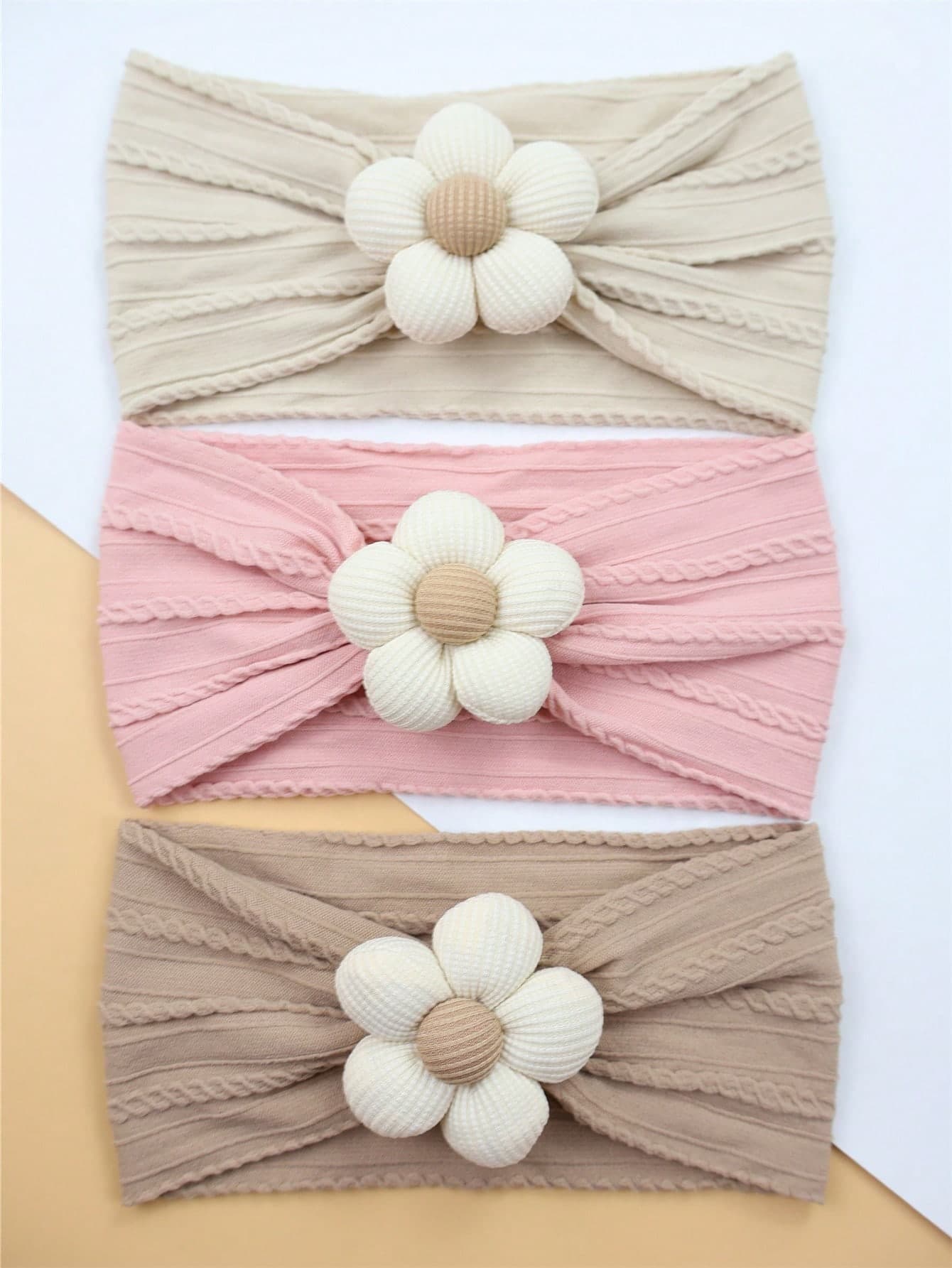 3pcs/Set Floral Baby Headbands, Soft Nylon Hairbands For Newborn, Infant, Toddler Girls (Beige, Pink, Khaki)