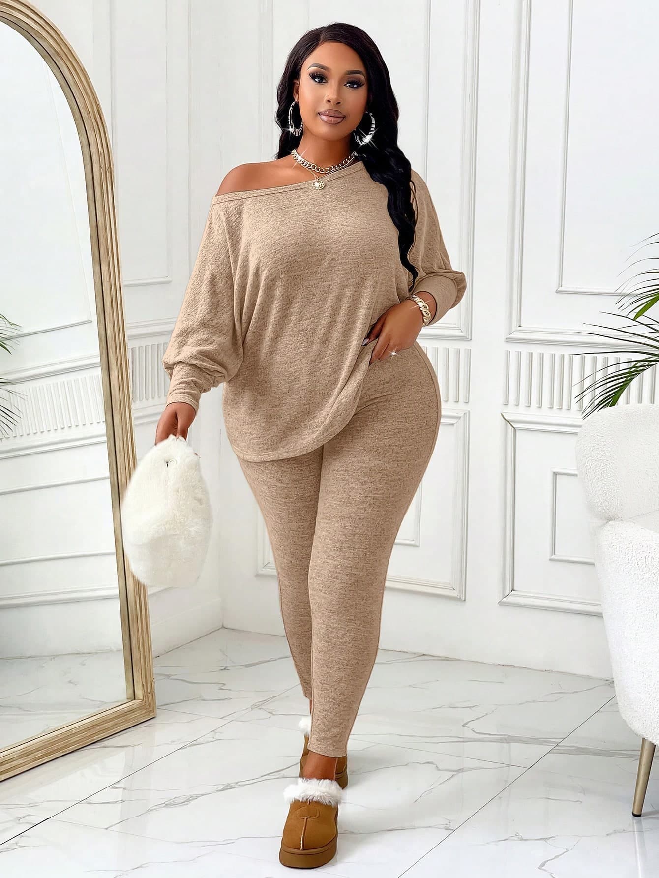BIUBIU Plus Size Women Casual Solid Color Round Neck Batwing Sleeve Top And Pants Set, Spring And Autumn Elegant