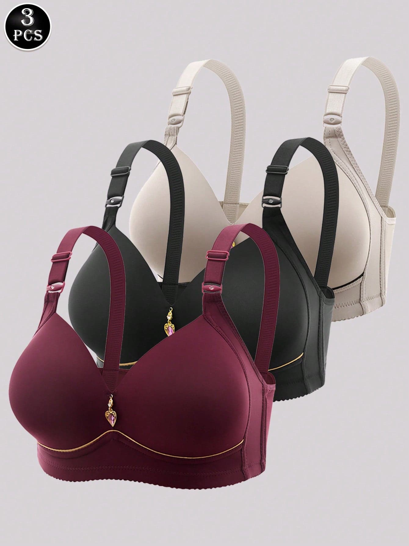 3pcs/Set Women's Minimalist Comfy Wirefree Bra Set, Ladies Underwear